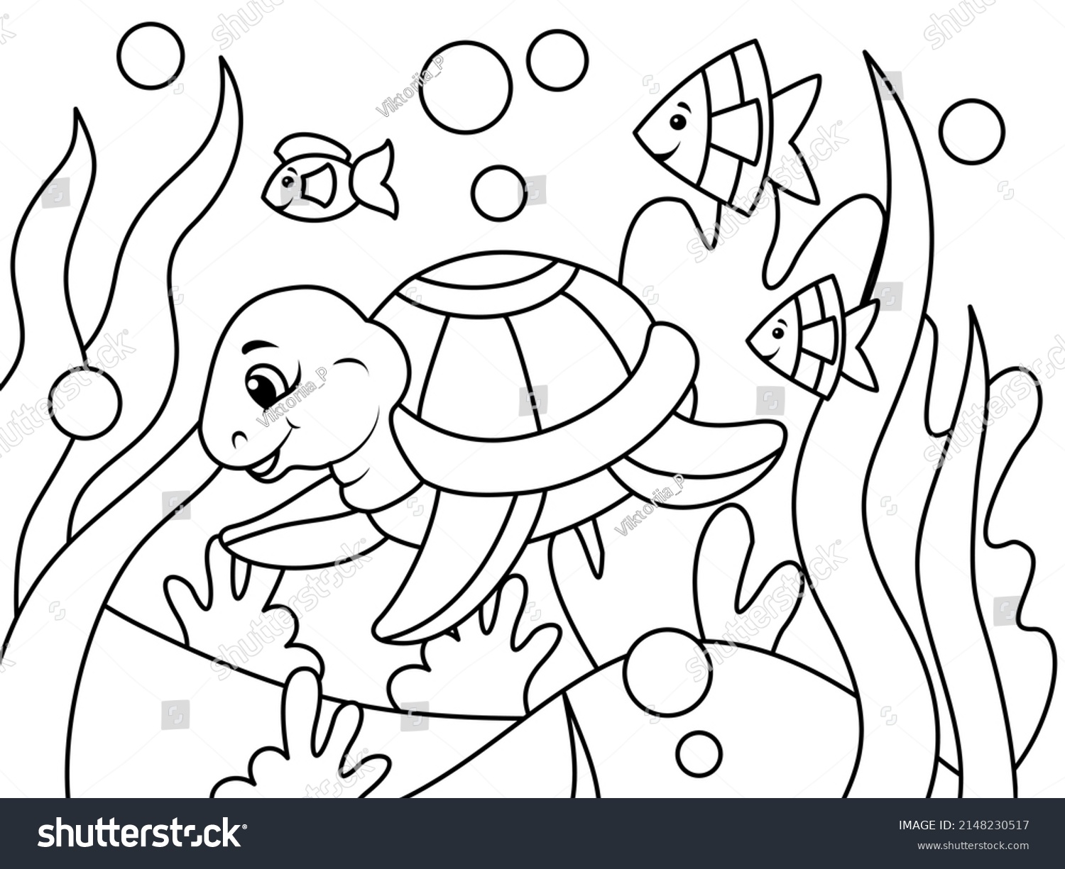 Children Coloring Underwater World Turtle Swims Stock Vector (Royalty ...