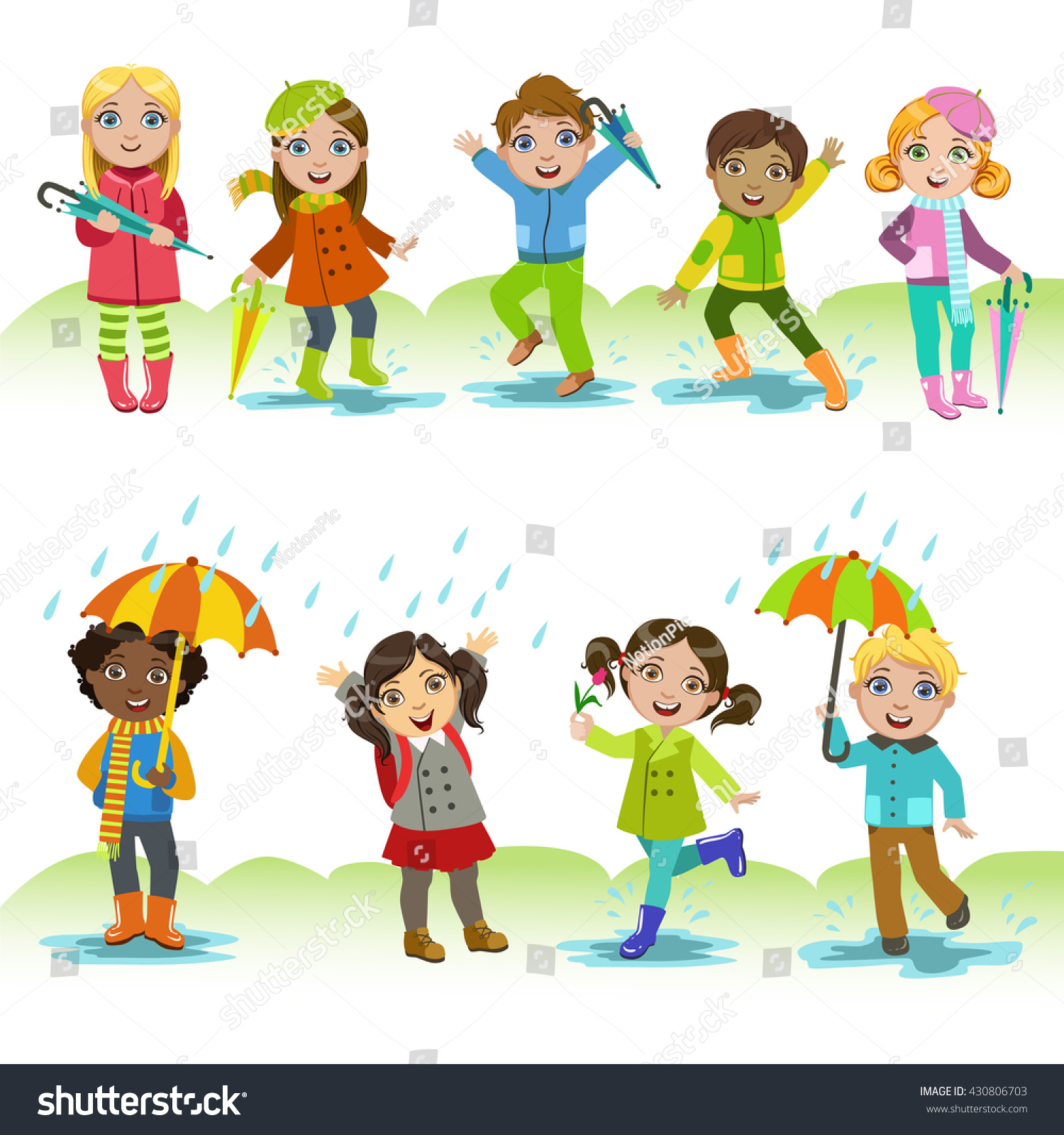 Children Enjoying The Rain Childish Cartoon Style Cute Vector 