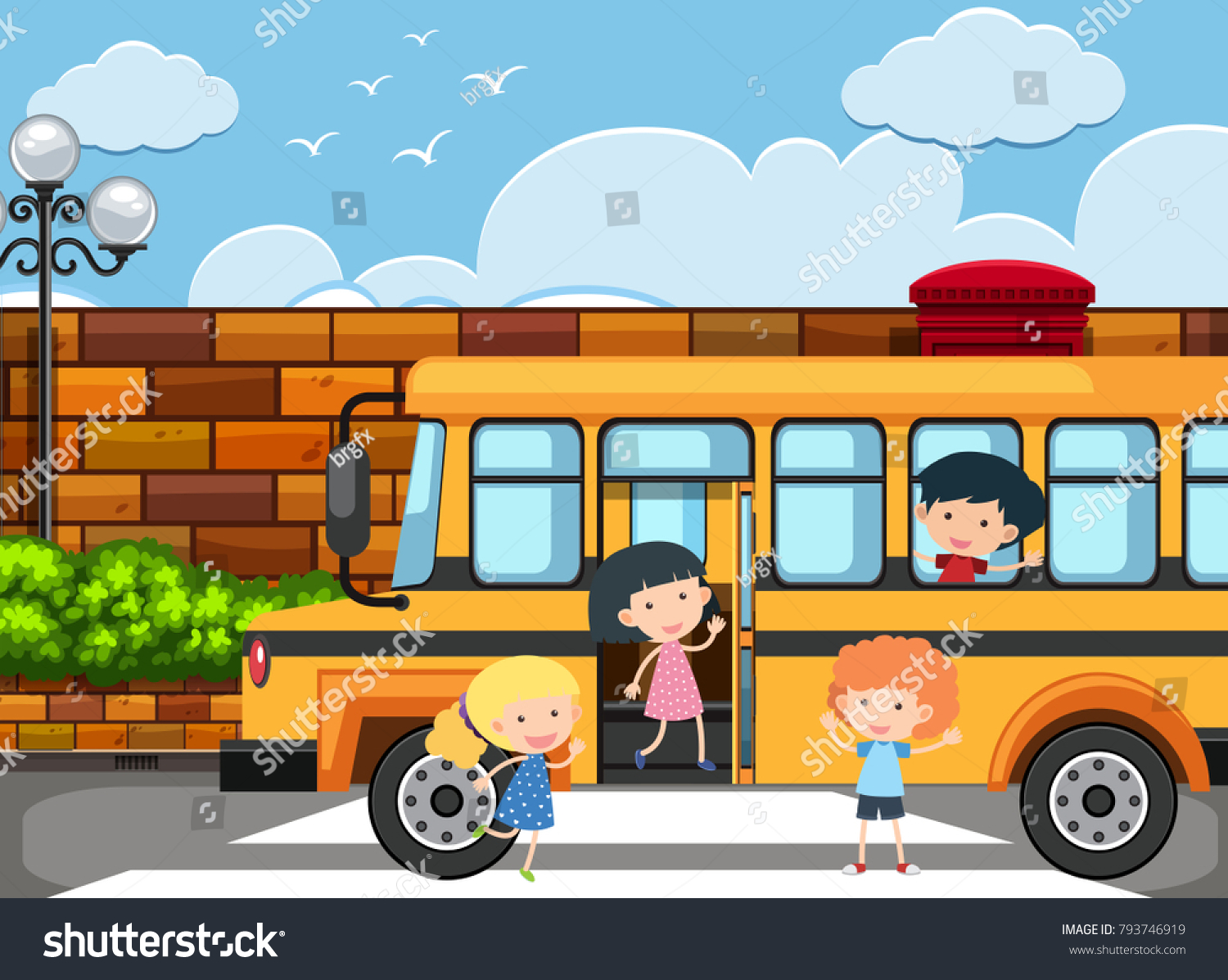 スクールバスのイラストから降りる子どもたち のベクター画像素材 ロイヤリティフリー