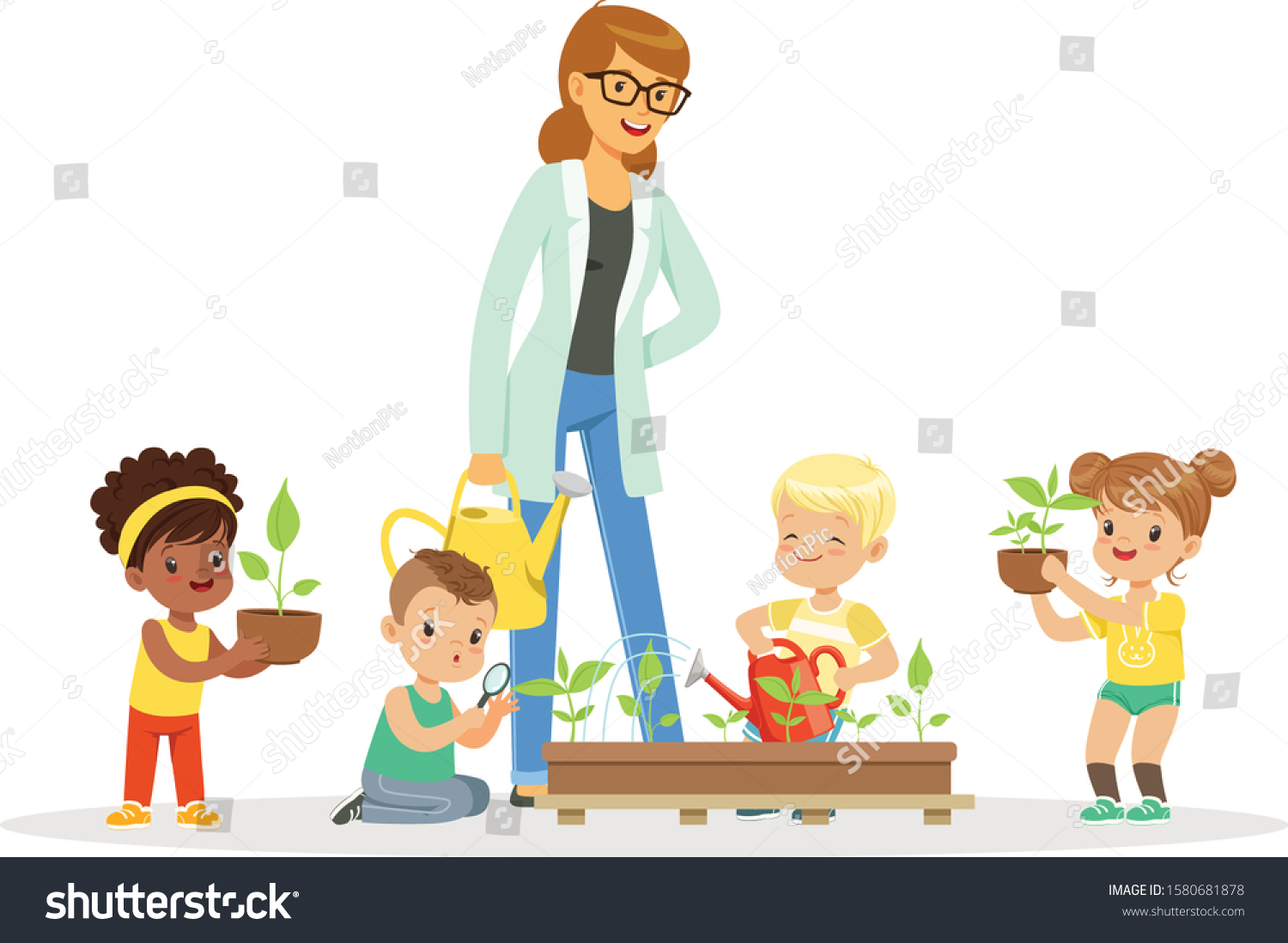 Children Having Botany Lesson Teacher Demonstrating Stock Vector ...