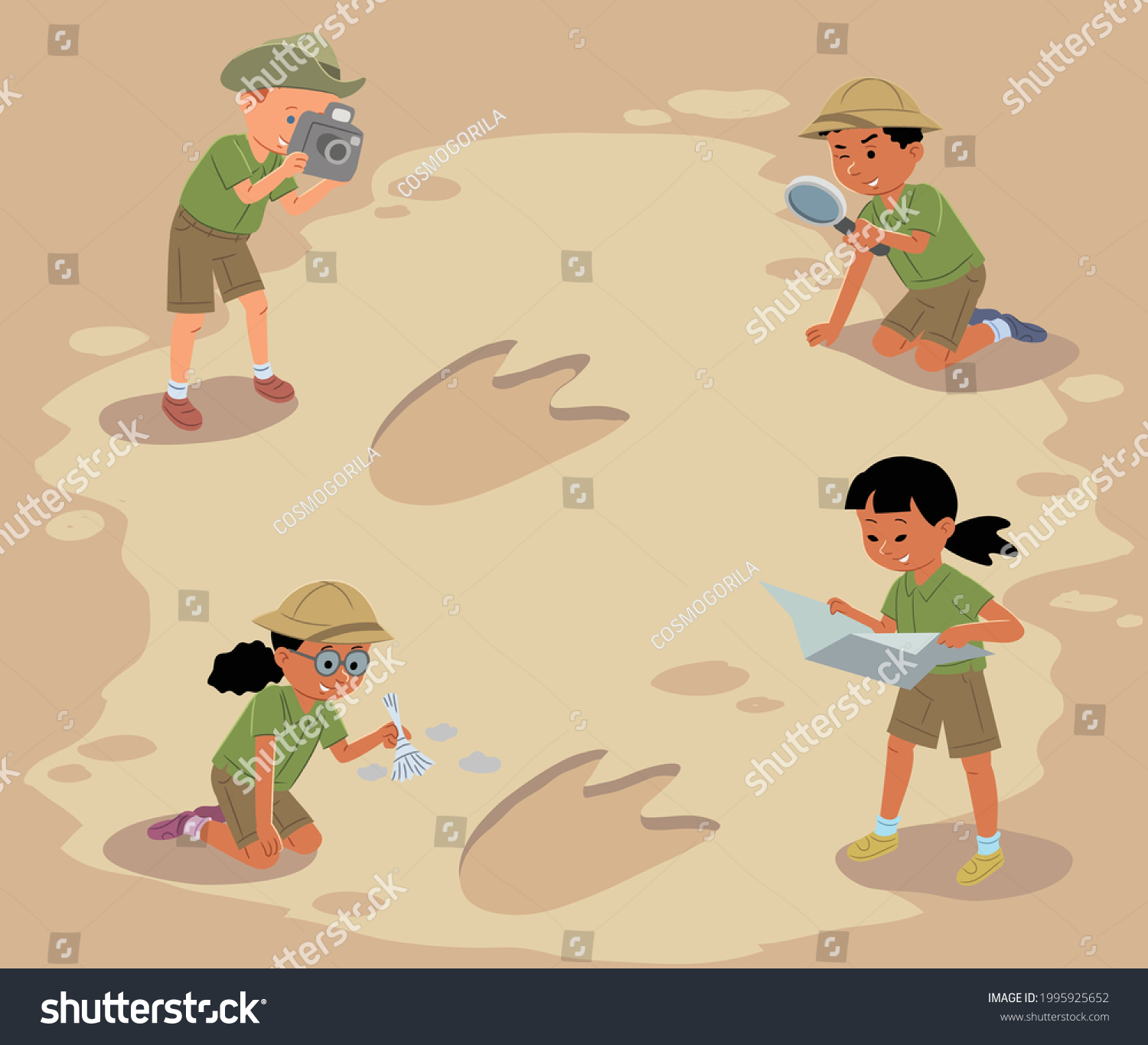 Children Play Archaeologists Study Dinosaur Footprint Stock Vector ...