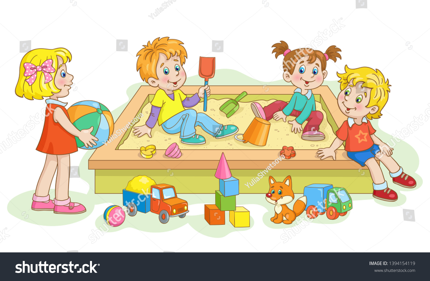 Children Play Sandbox Lots Toys Around Stock Vector (Royalty Free ...