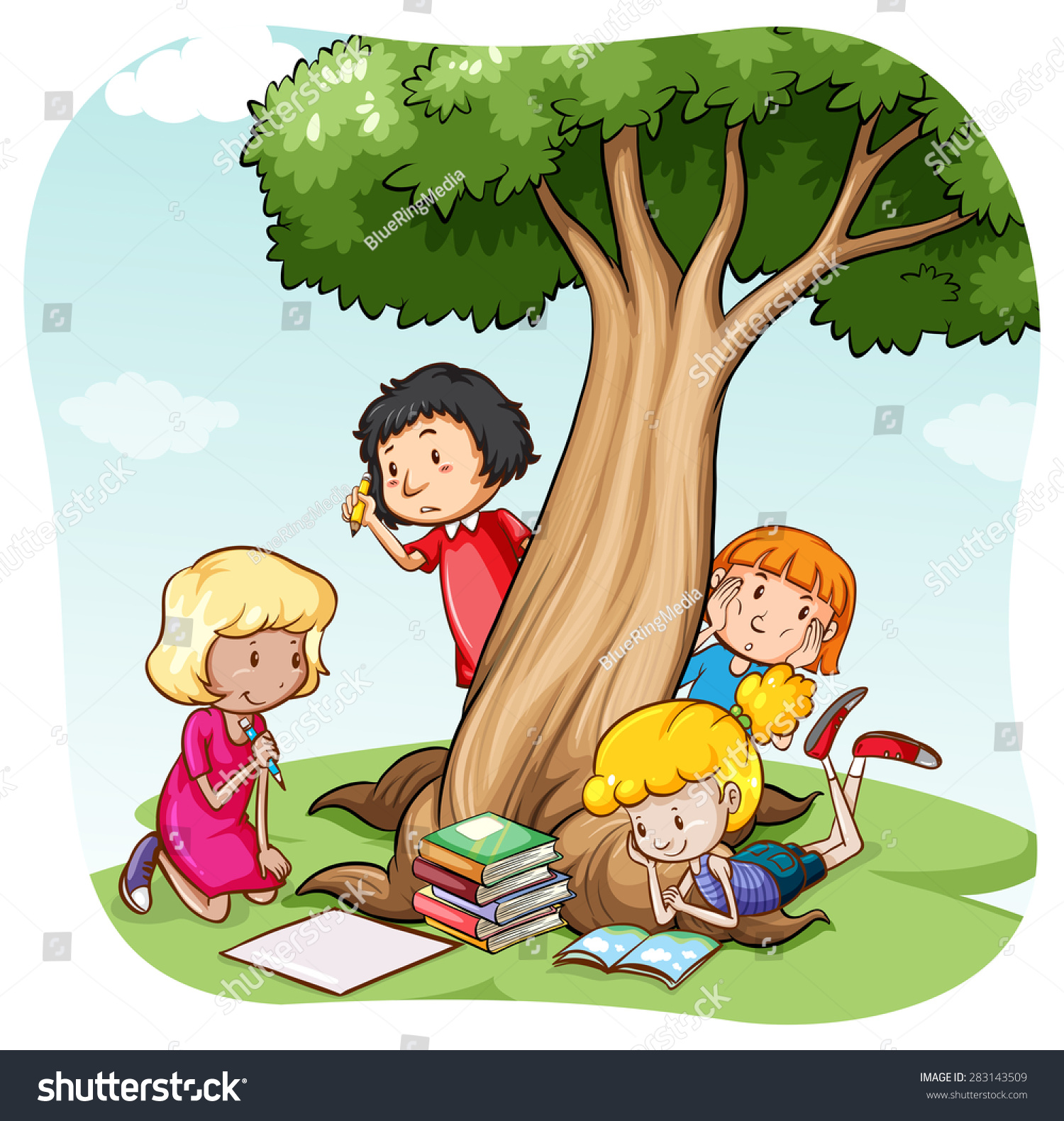 Children Reading Writing Under Tree Stock Vector Royalty Free