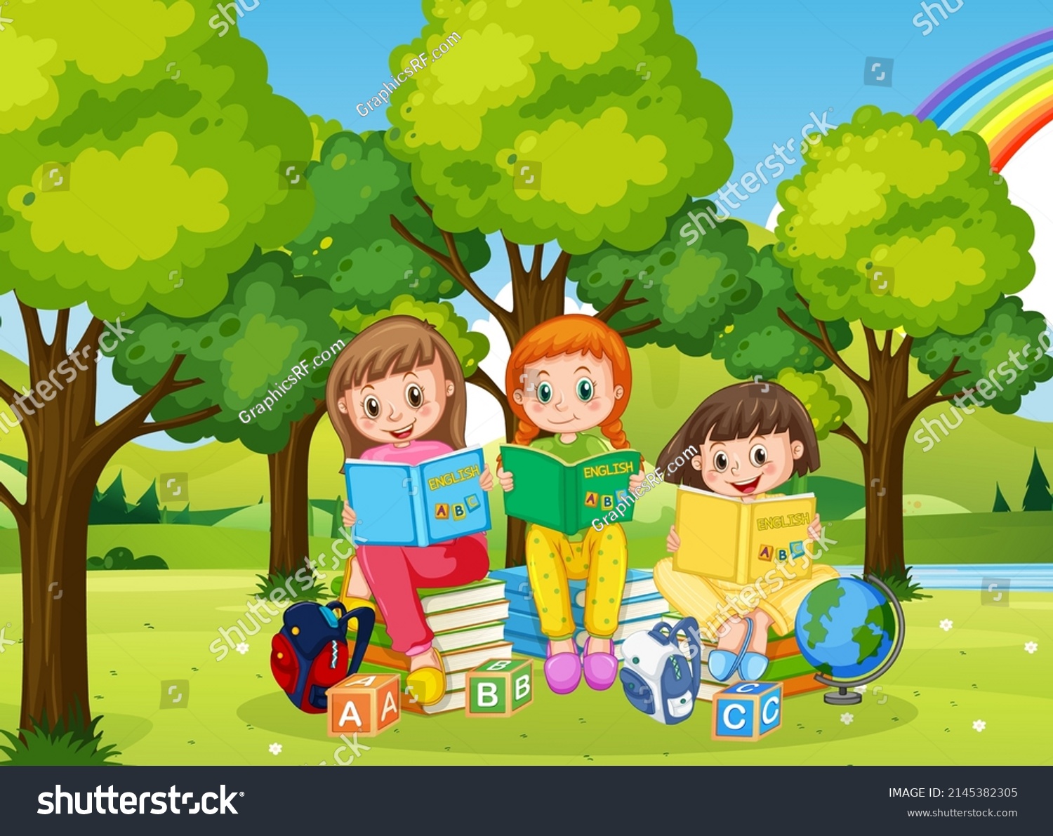 Children Reading Books Park Background Illustration Stock Vector ...