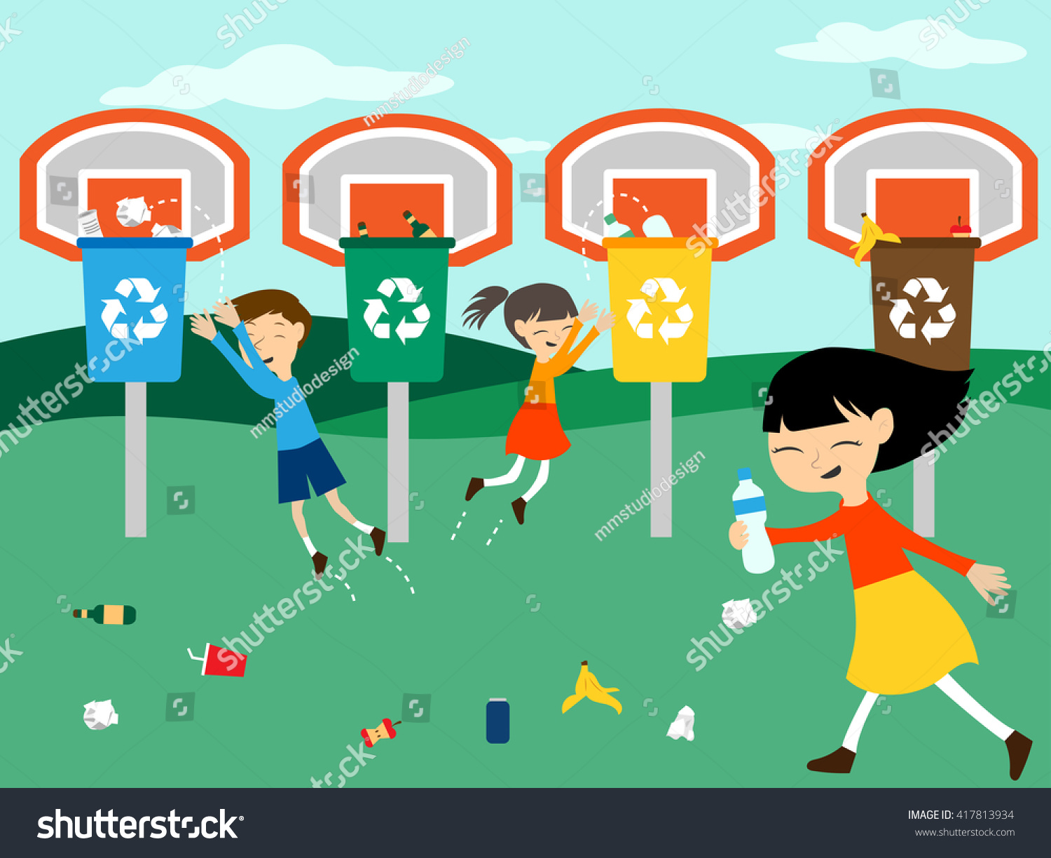 Children Recycle Playing Basketball Recycling Bin เวกเตอร์สต็อก (ปลอด