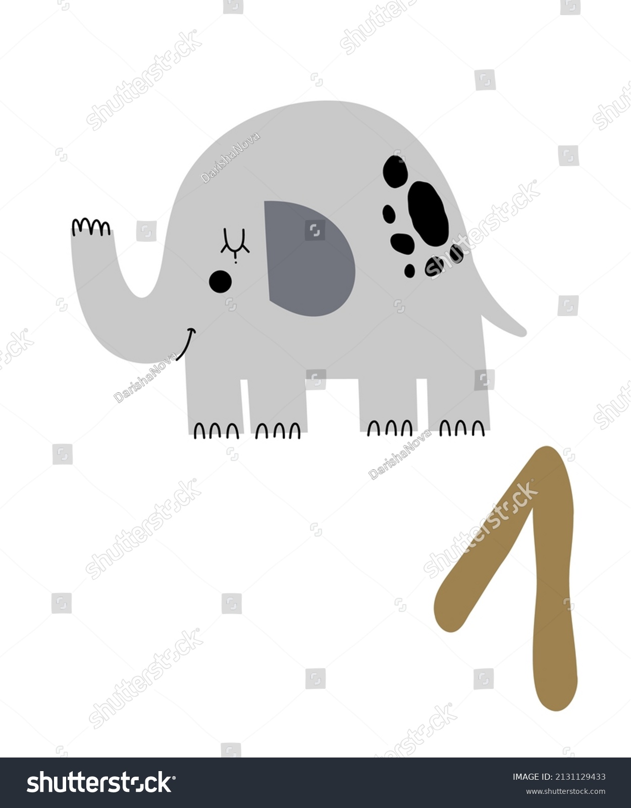 SVG of Children's vector card with the number one. Cute picture with an elephant and a number. Children's card for learning numbers. svg