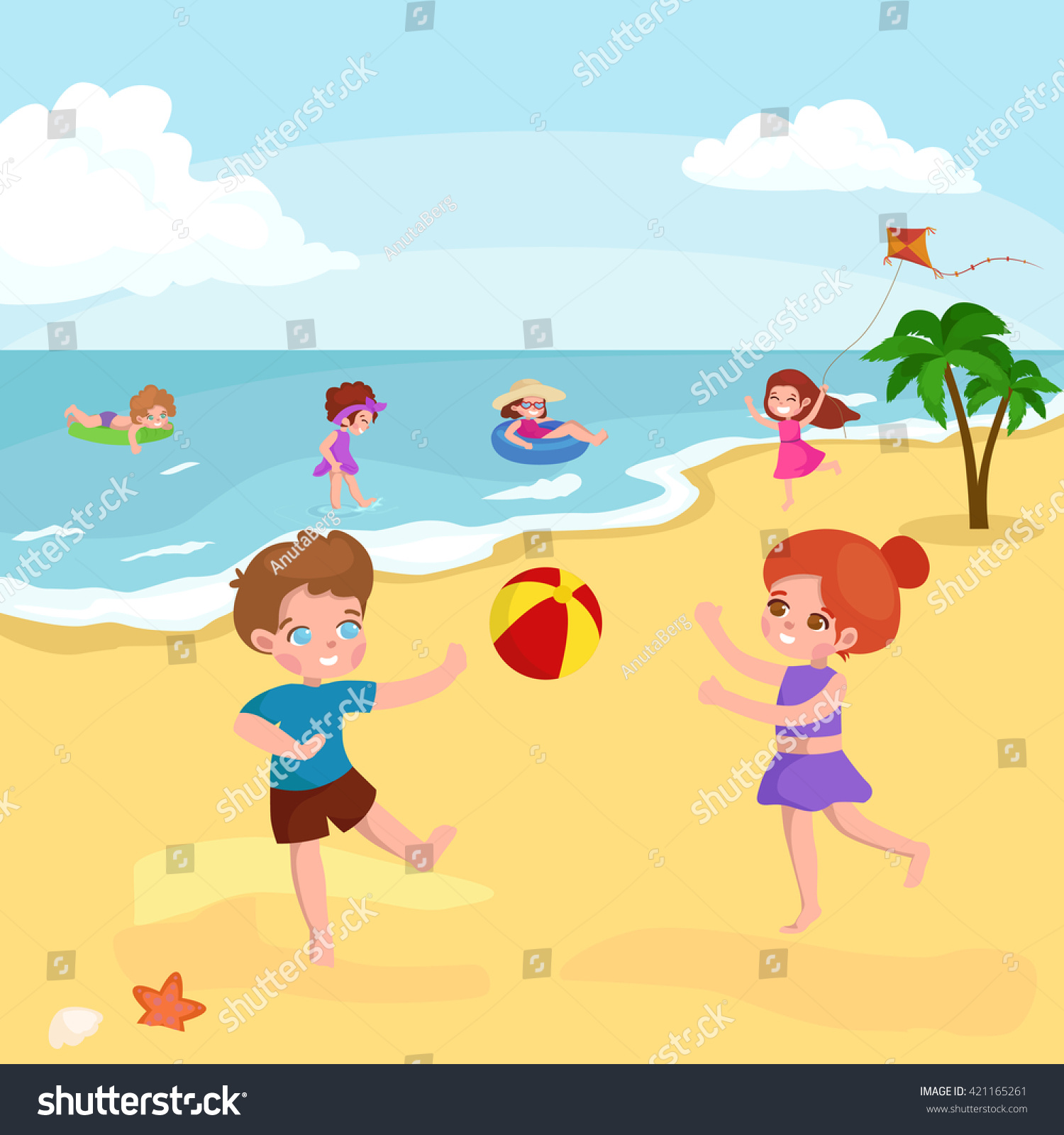 Children Summer Vacation In Park.Kids Playing Sand Around Water On ...