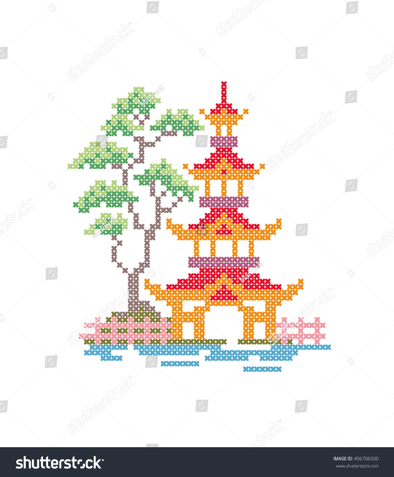Beautiful Japan PDF Counted cross stitch pattern pagoda japanese Landscape Digital cross stitch chart Japanee fan instant downoad