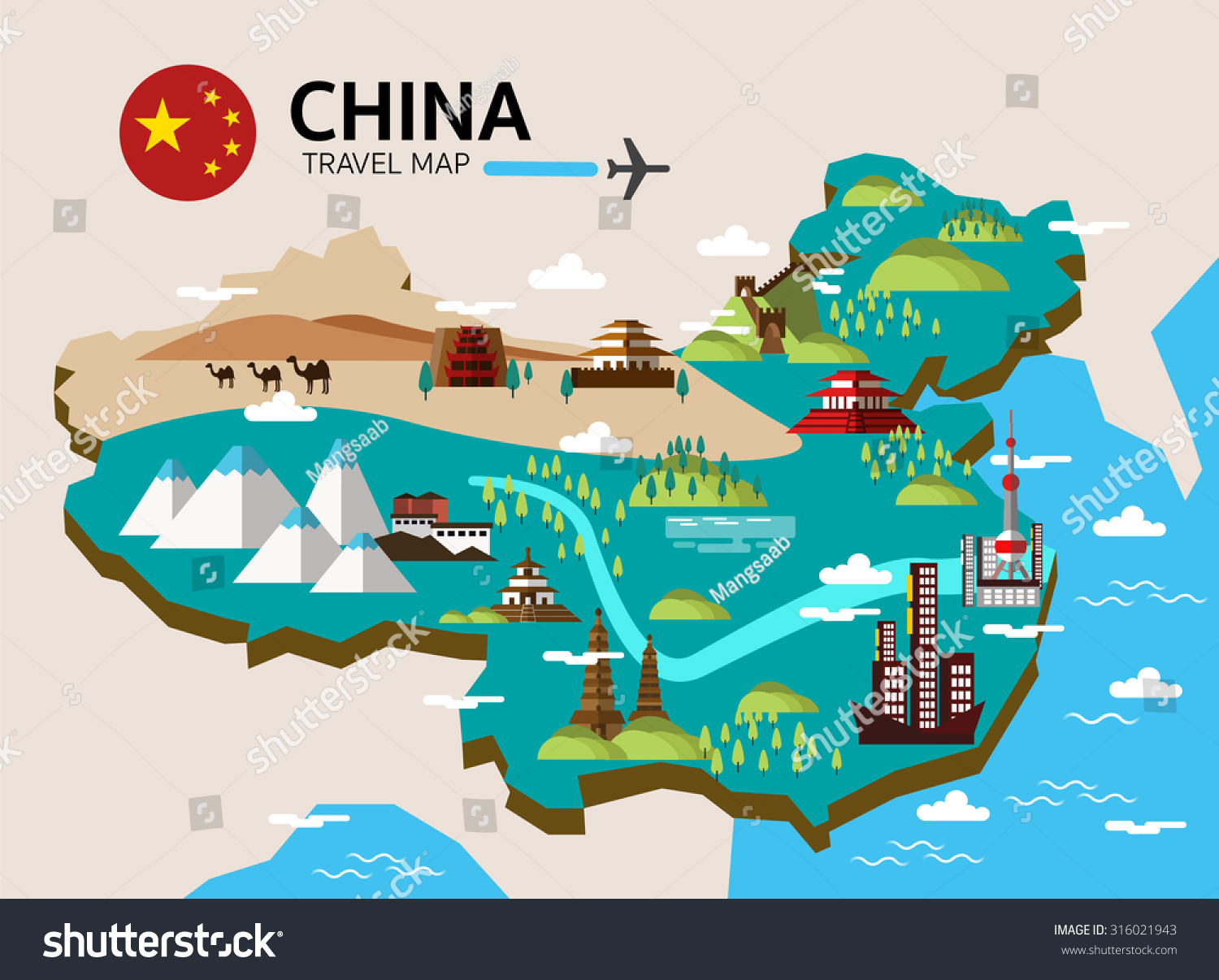 China Landmark And Travel Map. Flat Design Elements And Icons. Vector ...