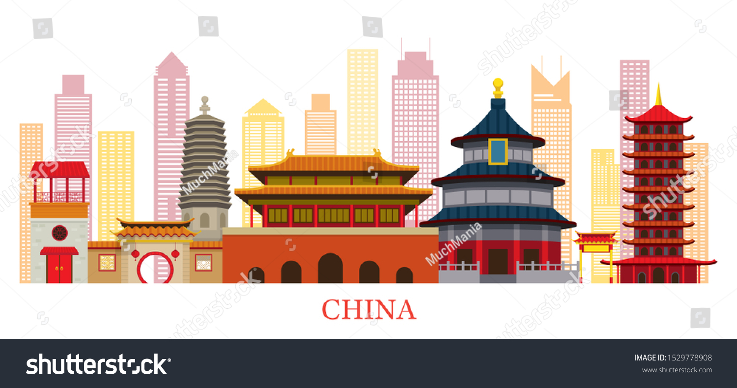 China Skyline Landmarks Flat Style Famous Stock Vector (royalty Free 