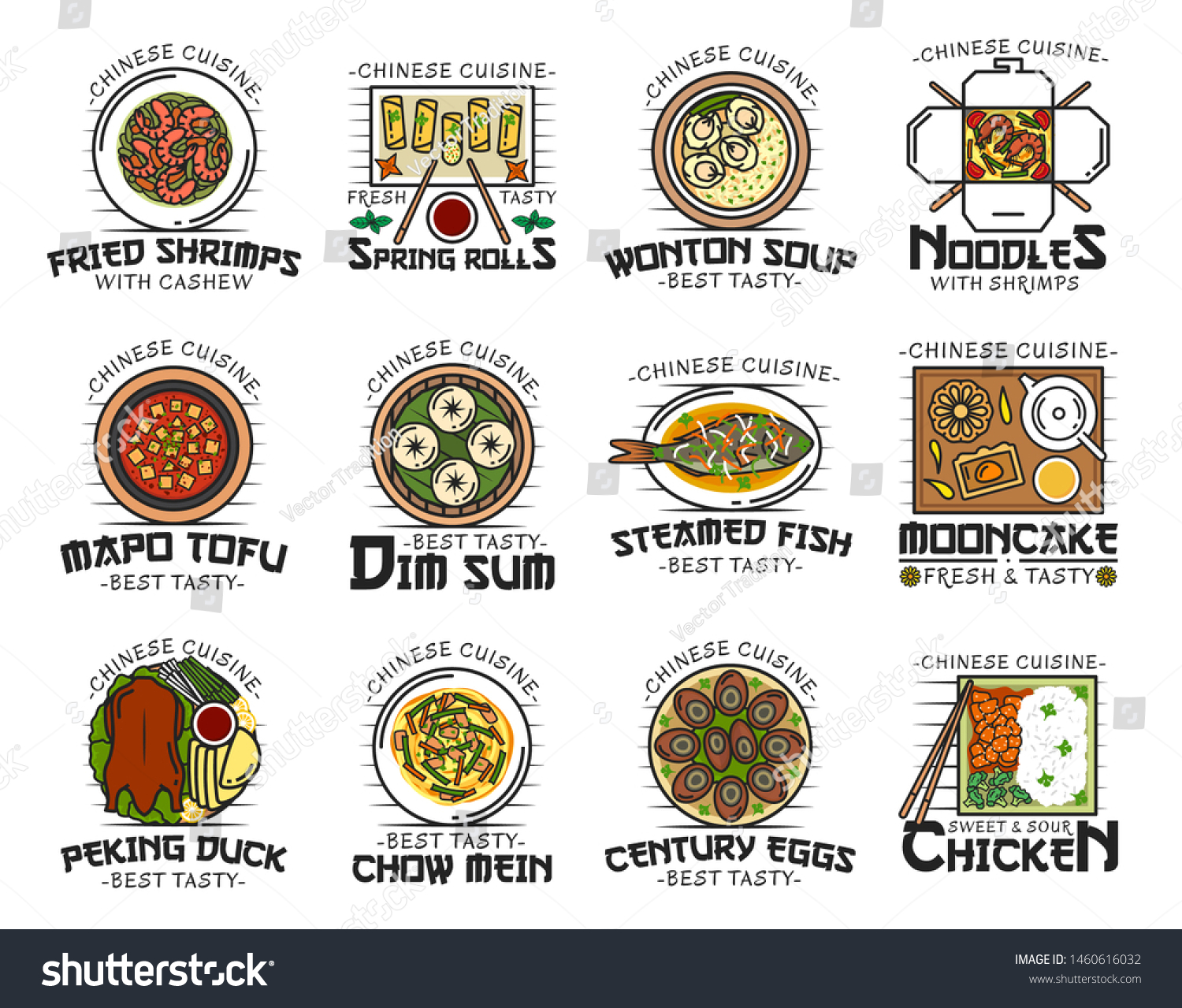SVG of Chinese cuisine food isolated logos. Vector fried shrimps with cashew, spring rolls and wonton soup, noodles and mapo tofu, dim sum and steamed fish, mooncake and peking duck, chow mein and chicken svg