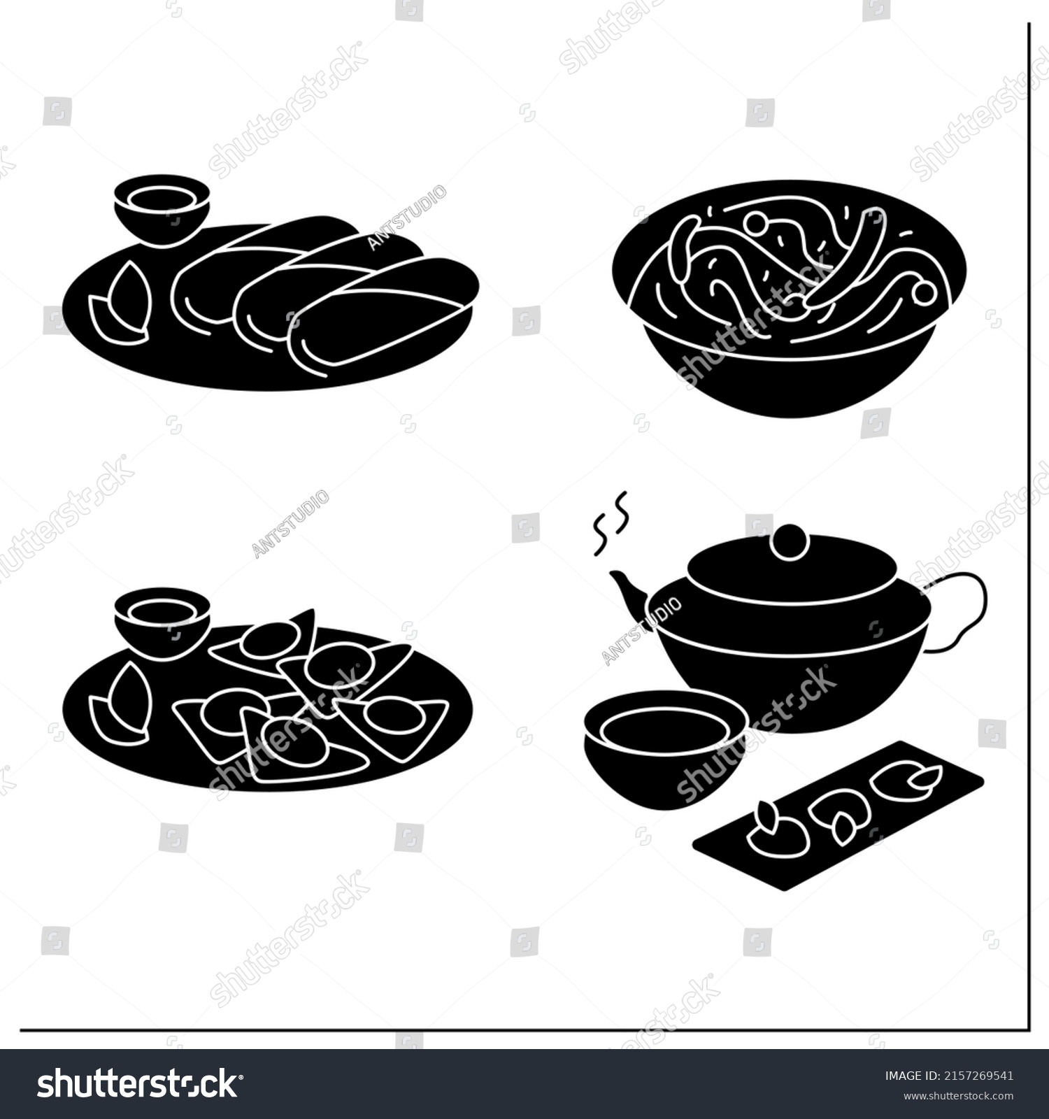 SVG of Chinese food glyph icons set. Hot tea, wonton, chow mein, spring rolls. Asian food recipe and rice bowl for home cooking and recipe book.Filled flat signs. Isolated silhouette vector illustrations svg