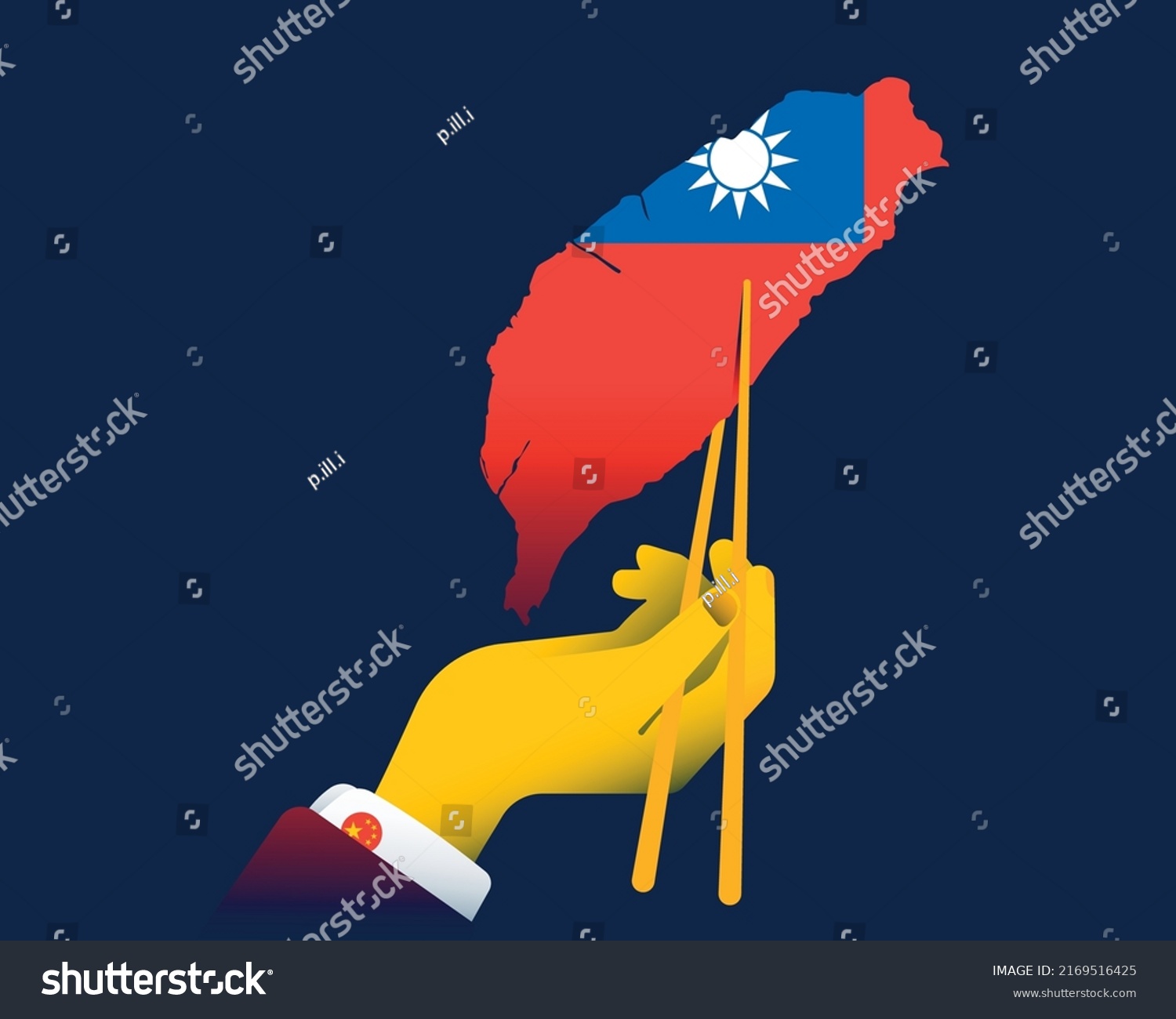 SVG of Chinese hand holds the outline of the Taiwan island with Chinese chopsticks. The concept of Taiwan and China relations. China's power over Taiwan. Bad international relations, global world trade. svg