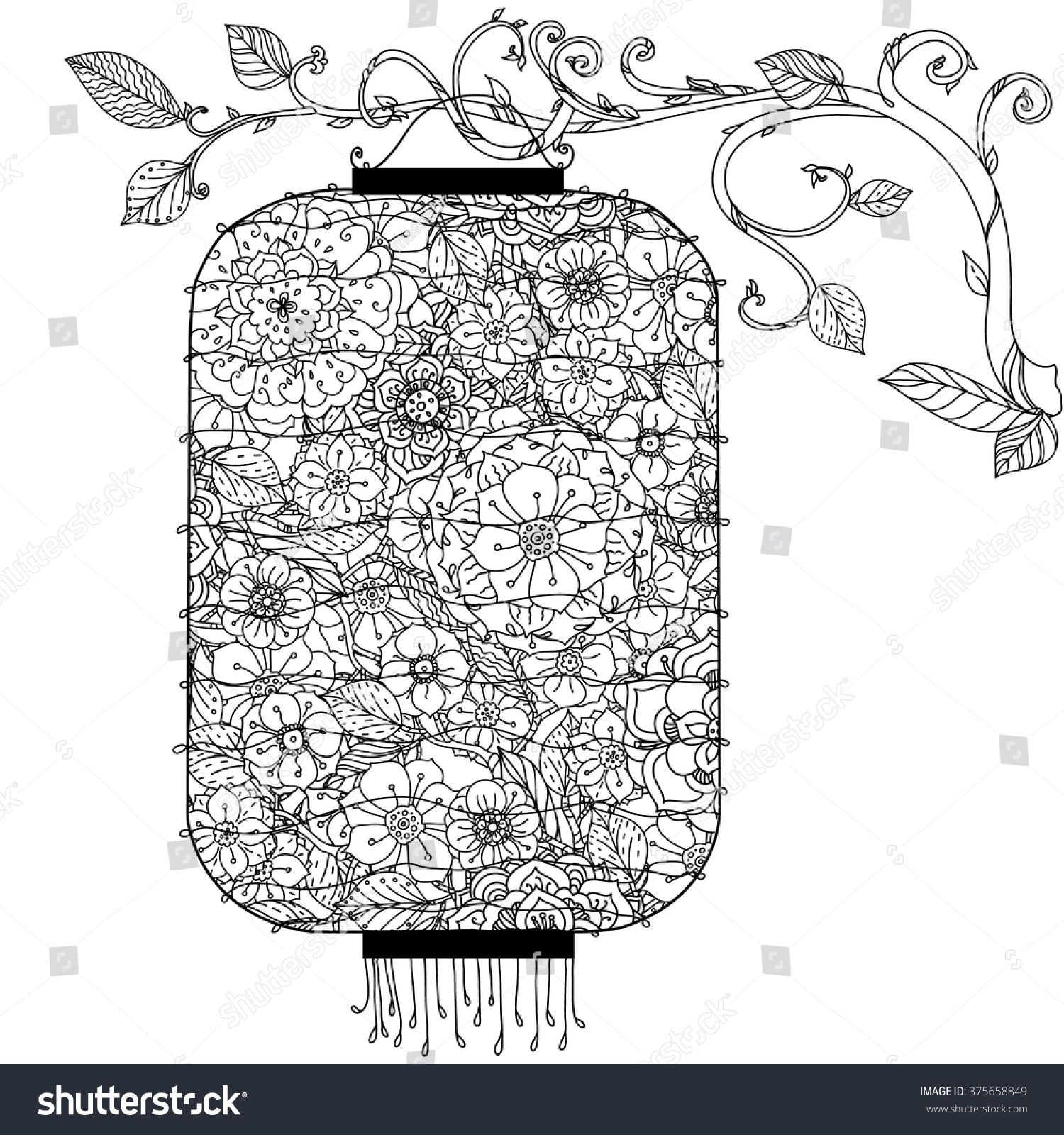 Chinese Lantern Hand Drawing Zentangle Interpretation Black And White Vector Illustration The