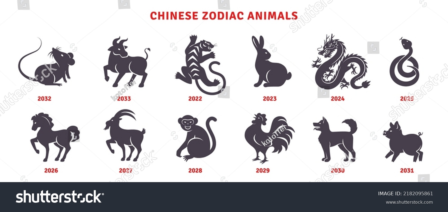 SVG of Chinese New Year horoscope animals, 2023 black silhouette rabbit, dragon, snake horse icons set isolated on white. Vector illustration. China zodiac calendar logo, asian lunar astrology signs svg