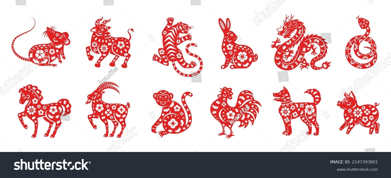 SVG of Chinese New Year horoscope animals icons set. Vector illustration. China zodiac calendar logo, asian lunar astrology signs. Rabbit, dragon, snake horse silhouette. Spring tradition paper cut style svg