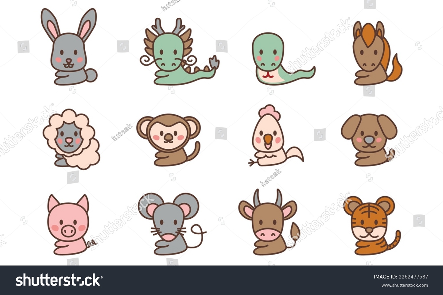 SVG of Chinese new year, zodiac signs icons and symbols. Vector illustration. Cartoon Chinese Zodiac Animals Icon. Rat, Ox, Tiger, Rabbit, Dragon, Snake, Horse, Sheep, Monkey, Rooster, Dog, Pig svg
