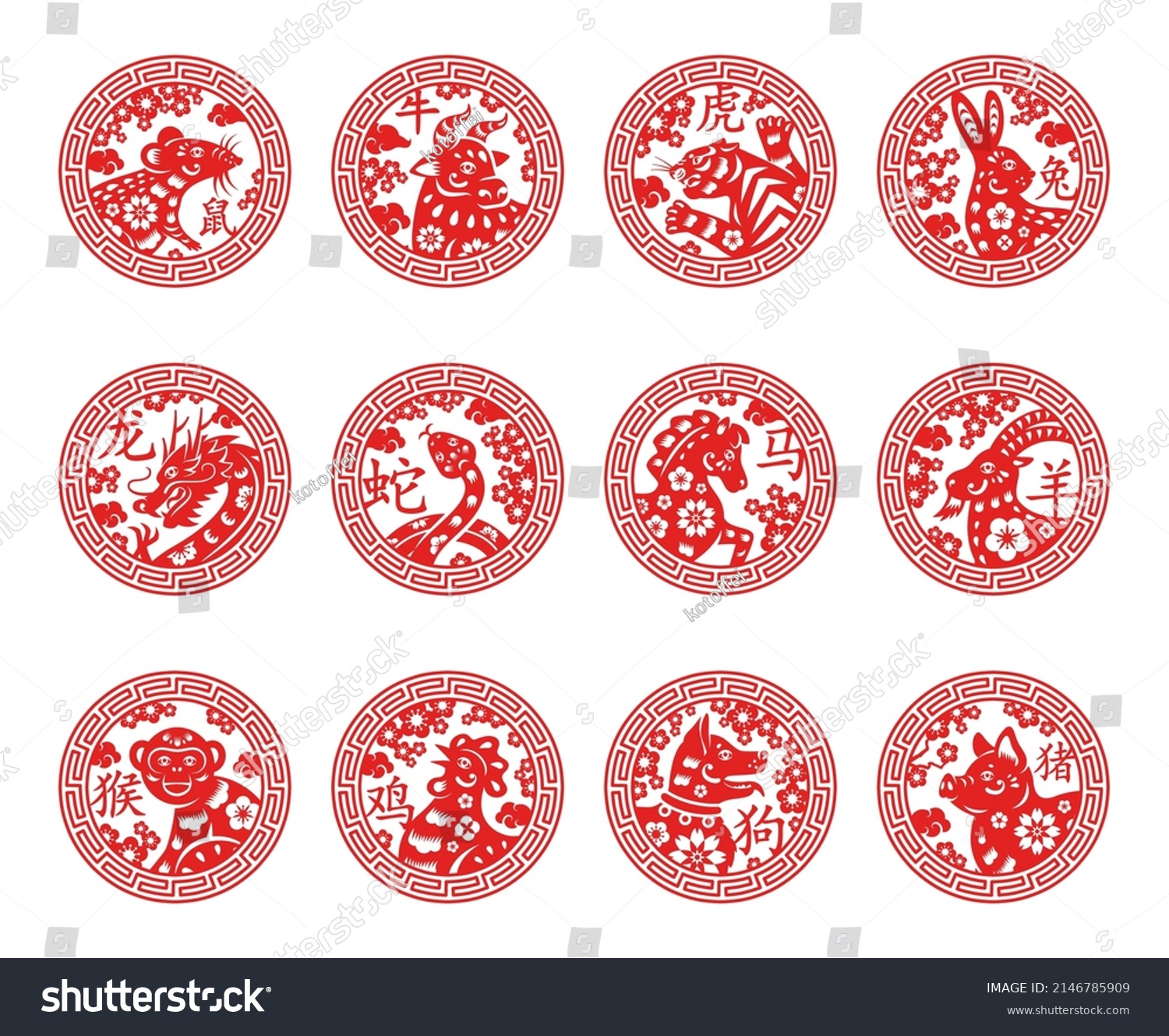 SVG of Chinese New Year zodiac signs set in circle emblem. Vector illustration. 12 months astrology icon - goat, horse, rabbit and dragon symbol, pig and rooster label, snake, monkey. China animal horoscope svg