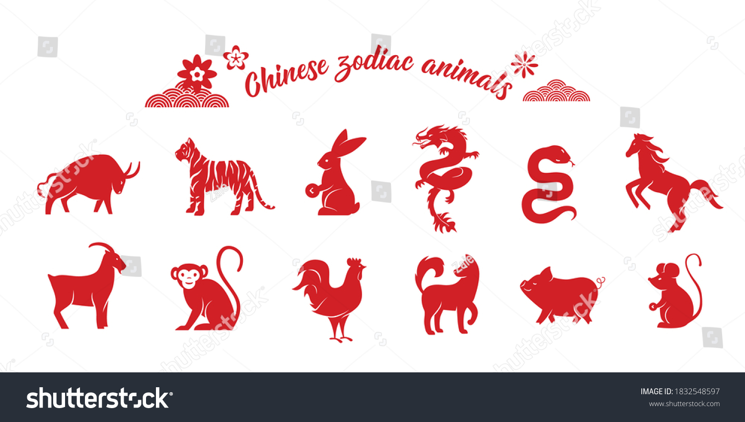 SVG of Chinese zodiac animal collection. Twelve asian new year red character logos set isolated on white background. Vector illustration of astrology calendar horoscope symbols. svg
