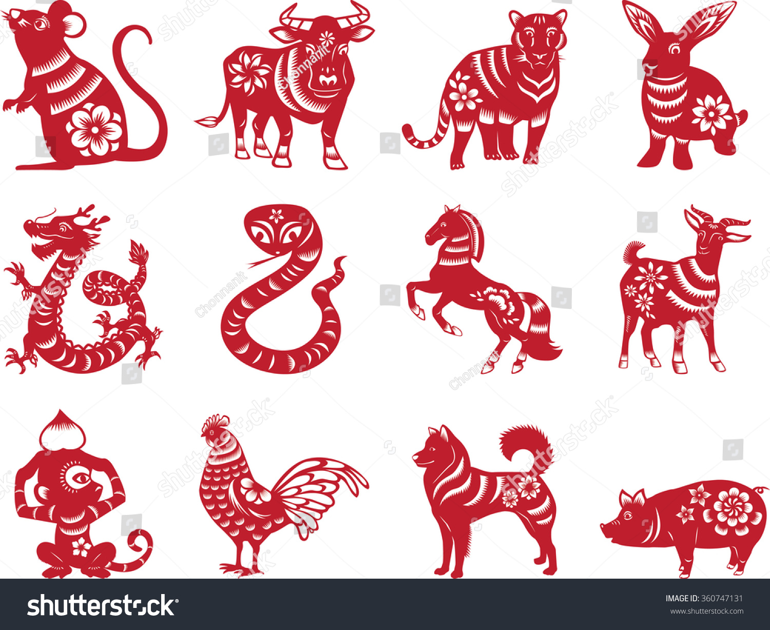 Chinese Zodiac Animals Paper Cut Style Stock Vector 360747131 ...