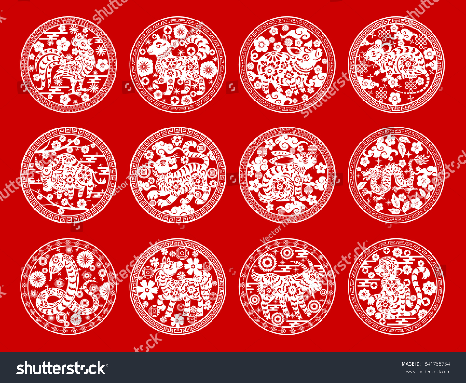 SVG of Chinese zodiac animals isolated vector icons set. White horoscope signs cock, dog and pig, rat, bull and tiger. Hare, dragon and snake, horse, goat and ape on red background. Asian symbols of year svg