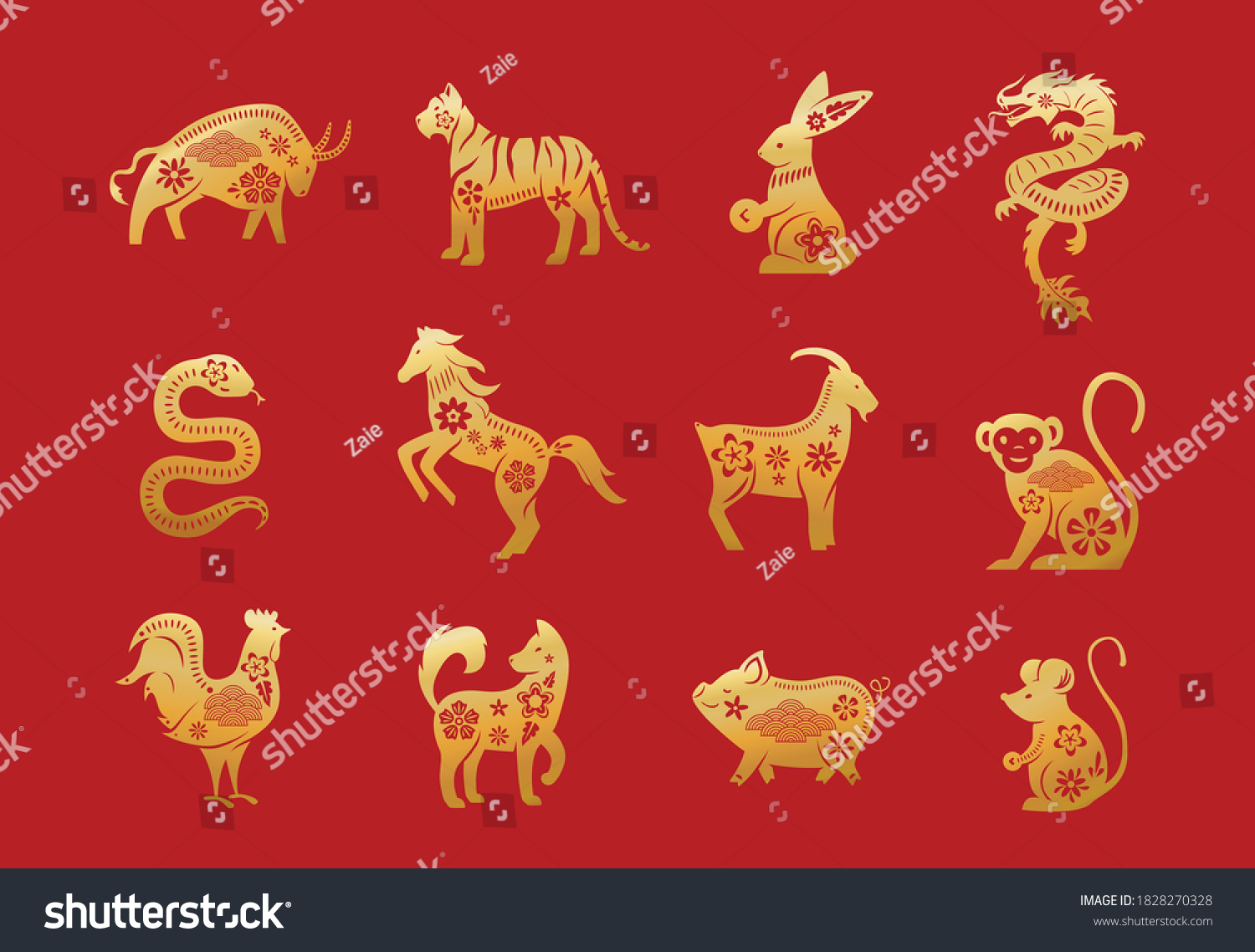 SVG of Chinese zodiac animals. Twelve asian new year golden characters set isolated on red background. Vector illustration of astrology calendar horoscope symbols. svg
