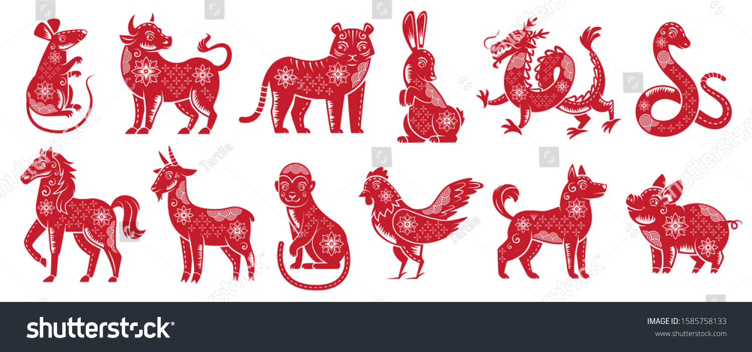 SVG of Chinese Zodiac New Year signs. Traditional china horoscope animals, red zodiacs silhouette. Astrological calendar cat, dragon and tiger mascots. Isolated vector illustration icons set svg