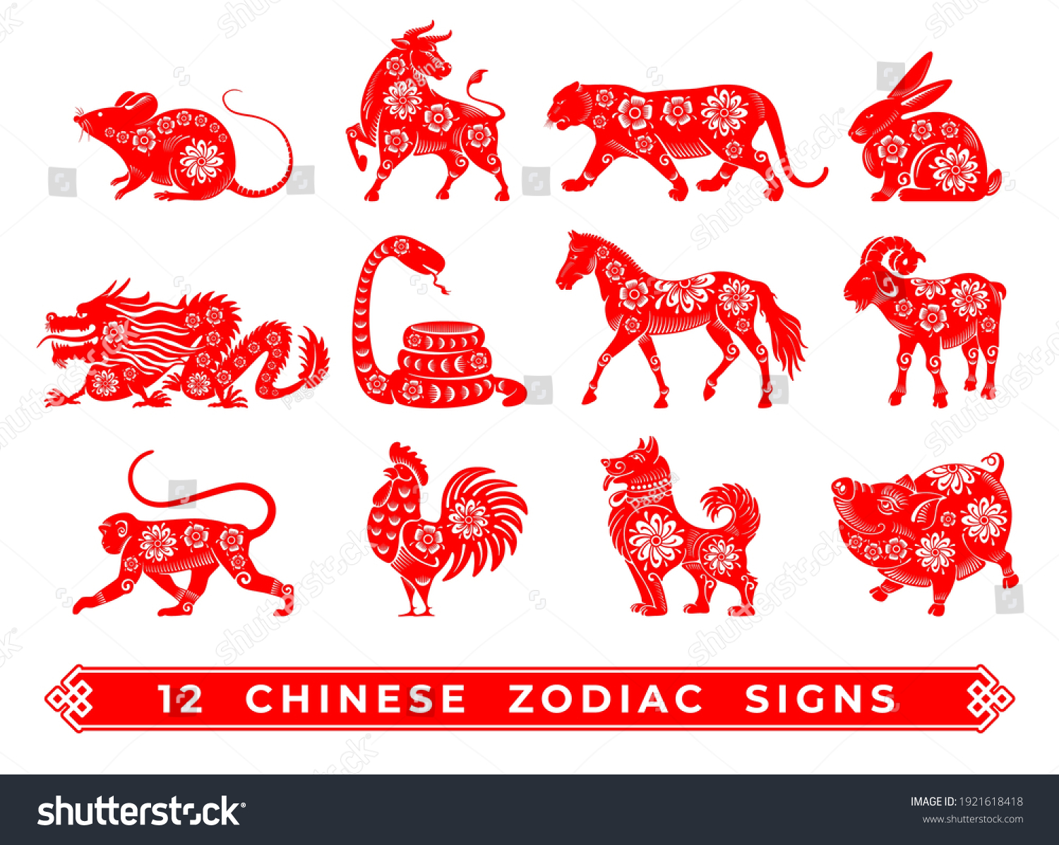 SVG of Chinese zodiac signs set. Set consists of silhouette of animals, painted in chinese graphic style with floral ornate. Vector illustration. svg