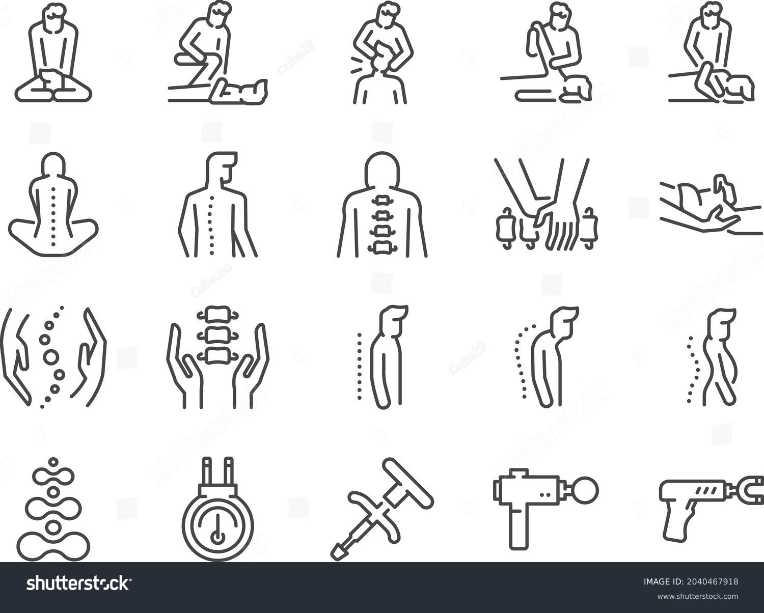 SVG of Chiropractic line icon set. Included the icons as Chiropractor, spline treatment,  massage, Osteopath, Osteopathy, joint recovery, and more. svg