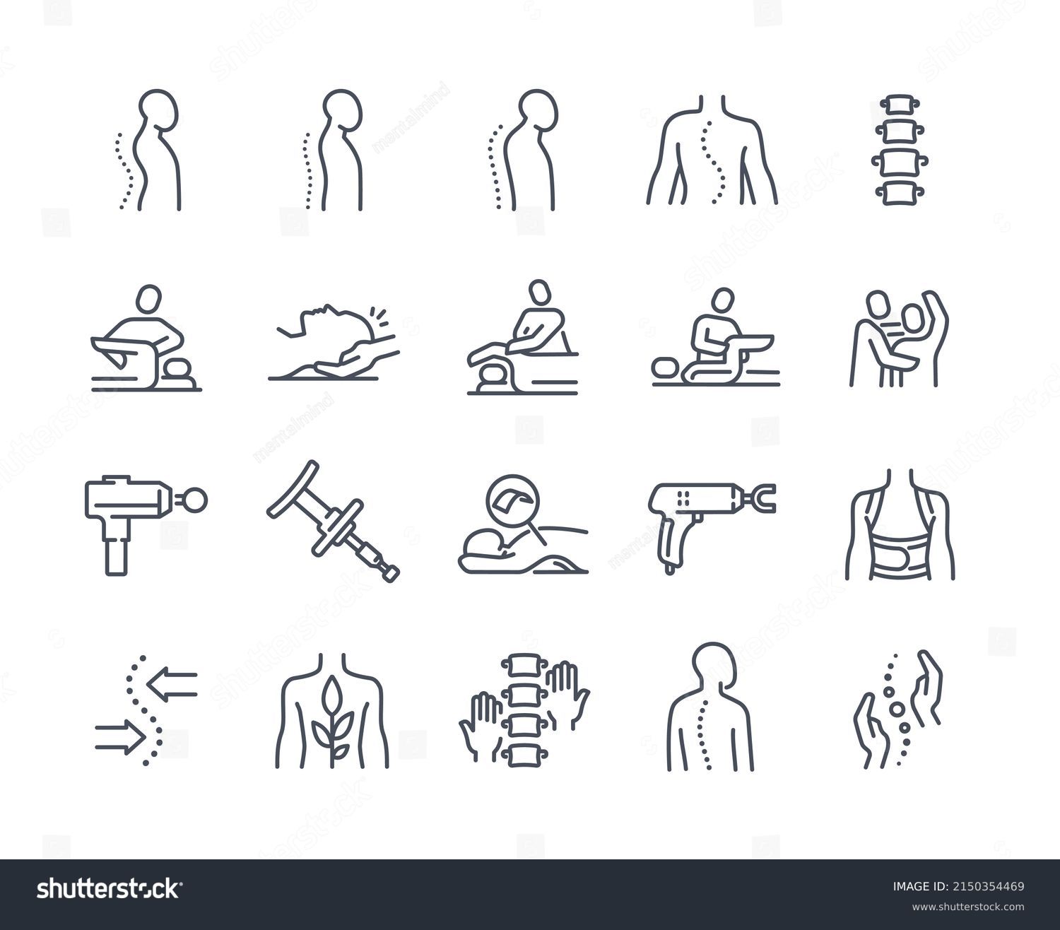 SVG of Chiropractic line icon set. Minimalistic stickers with spine, massage, bone and joint restoration and scoliosis. Medicine and treatment. Cartoon flat vector collection isolated on white background svg