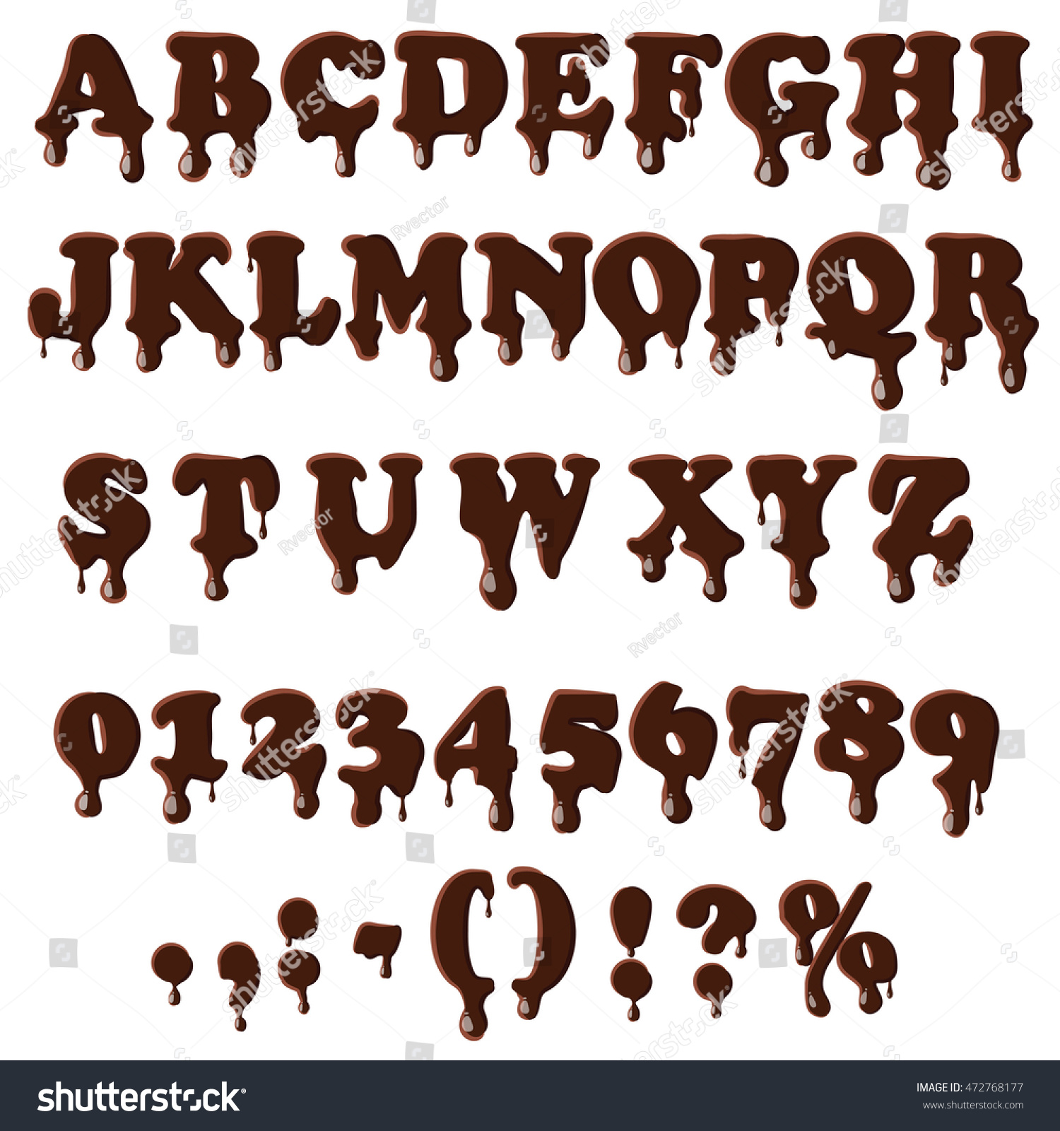 白い背景にチョコレートのアルファベットと数字 チョコレートテクスチャセットコレクションのベクターイラストの英語のフォント のベクター画像素材 ロイヤリティフリー