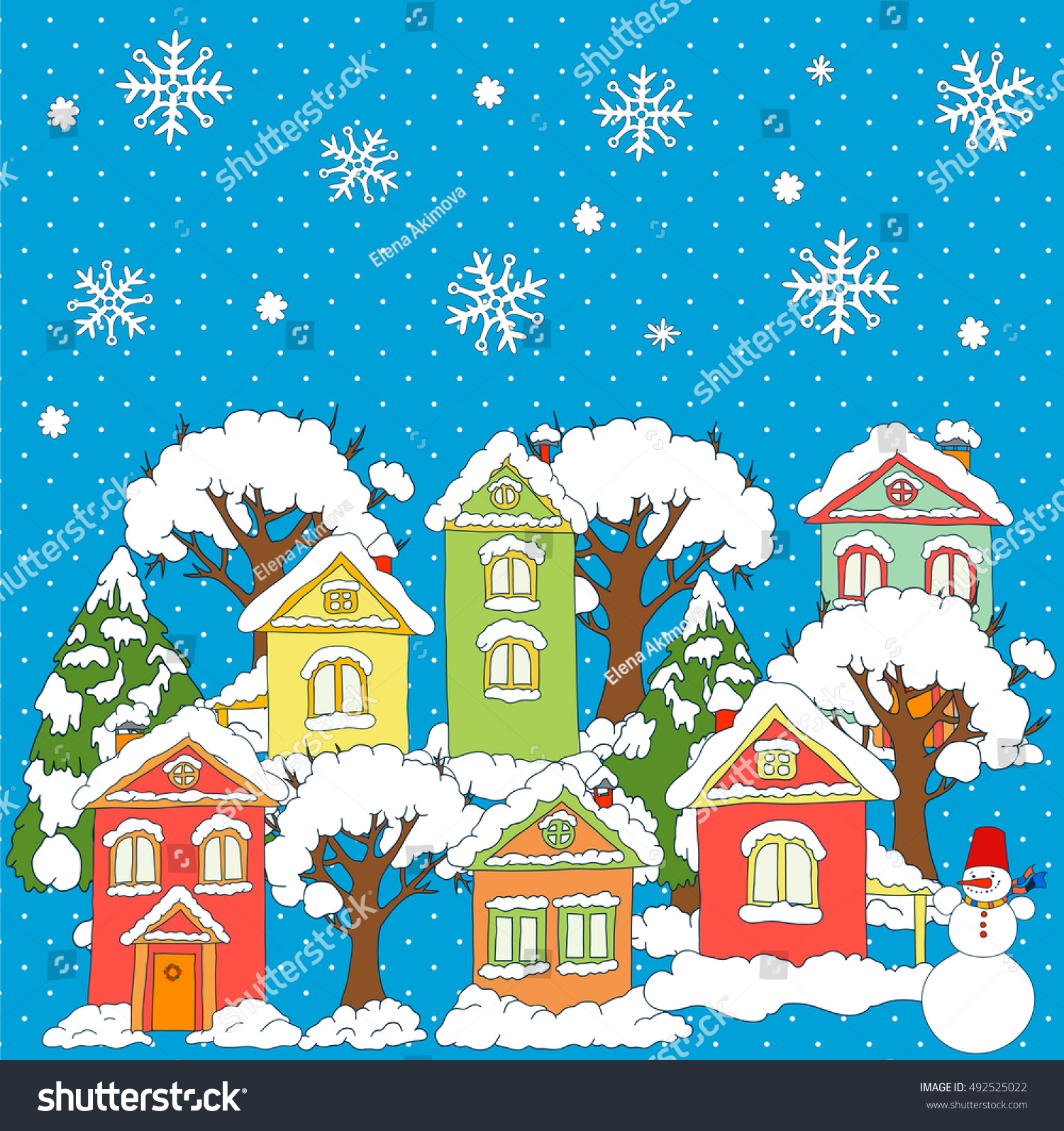 Christmas and New Year background Houses trees and snowing Vector illustration Winter