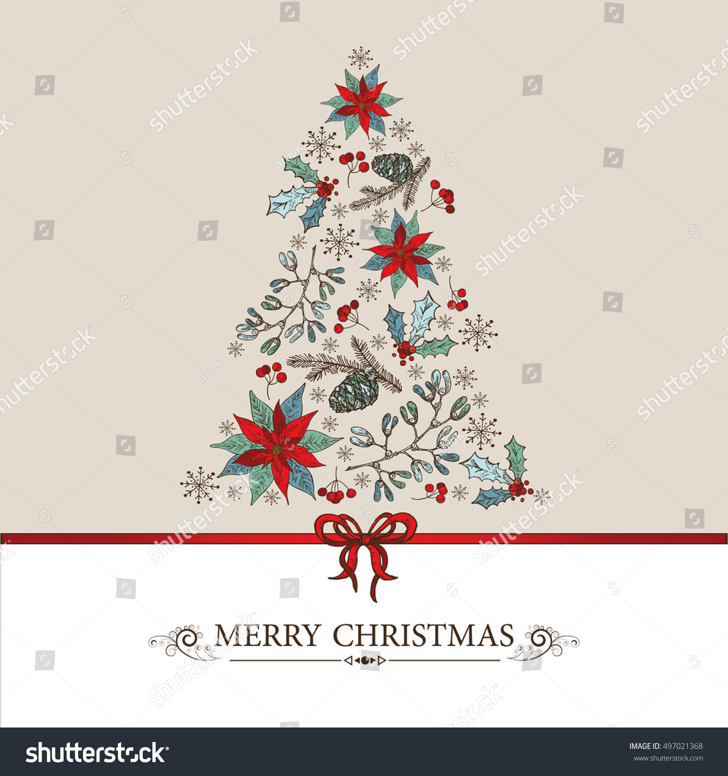 Christmas And New Year card with Christmas tree with cones holly and mistletoe hand