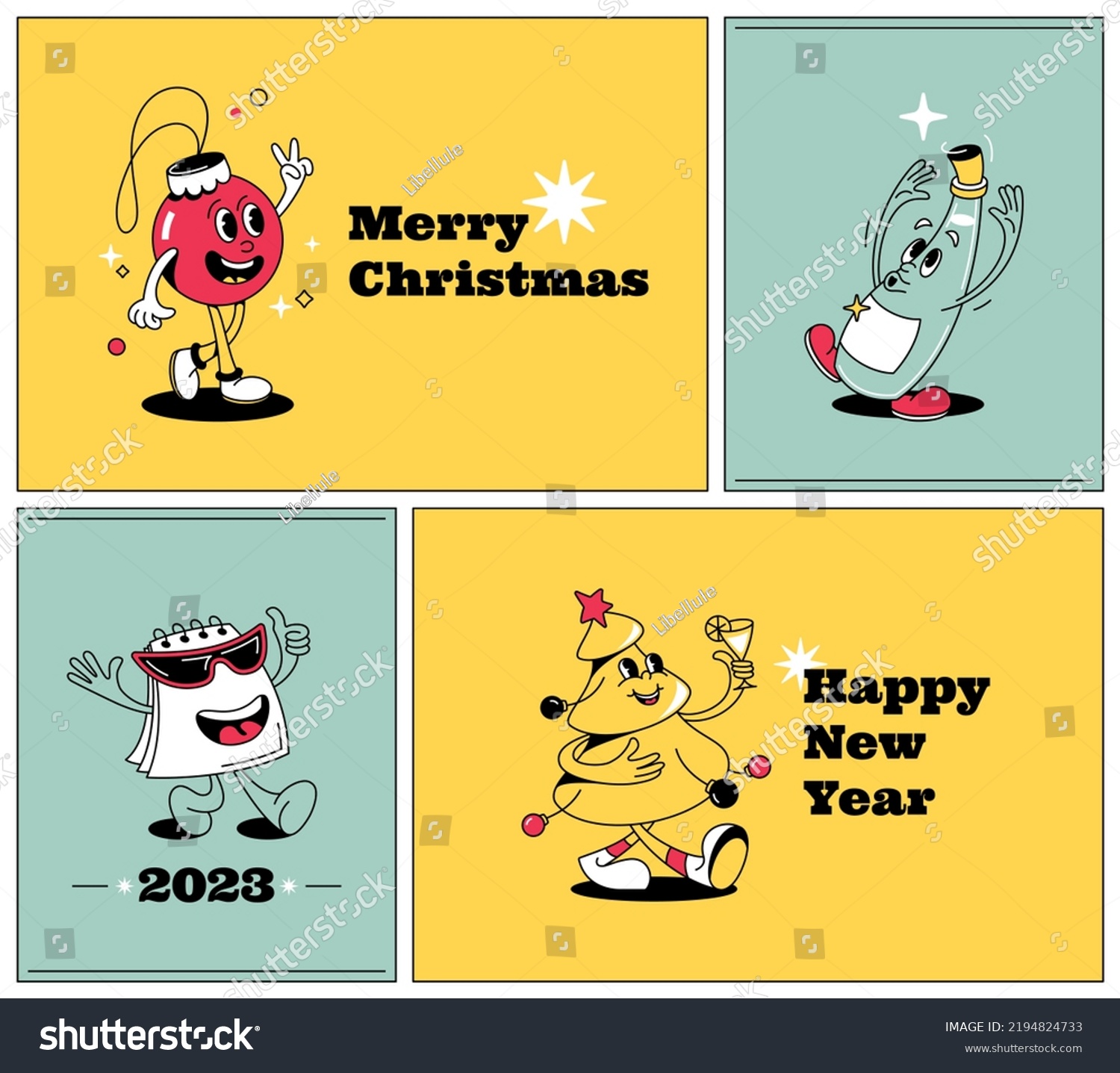 SVG of Christmas and New year greeting comic cards with retro style cartoon characters svg