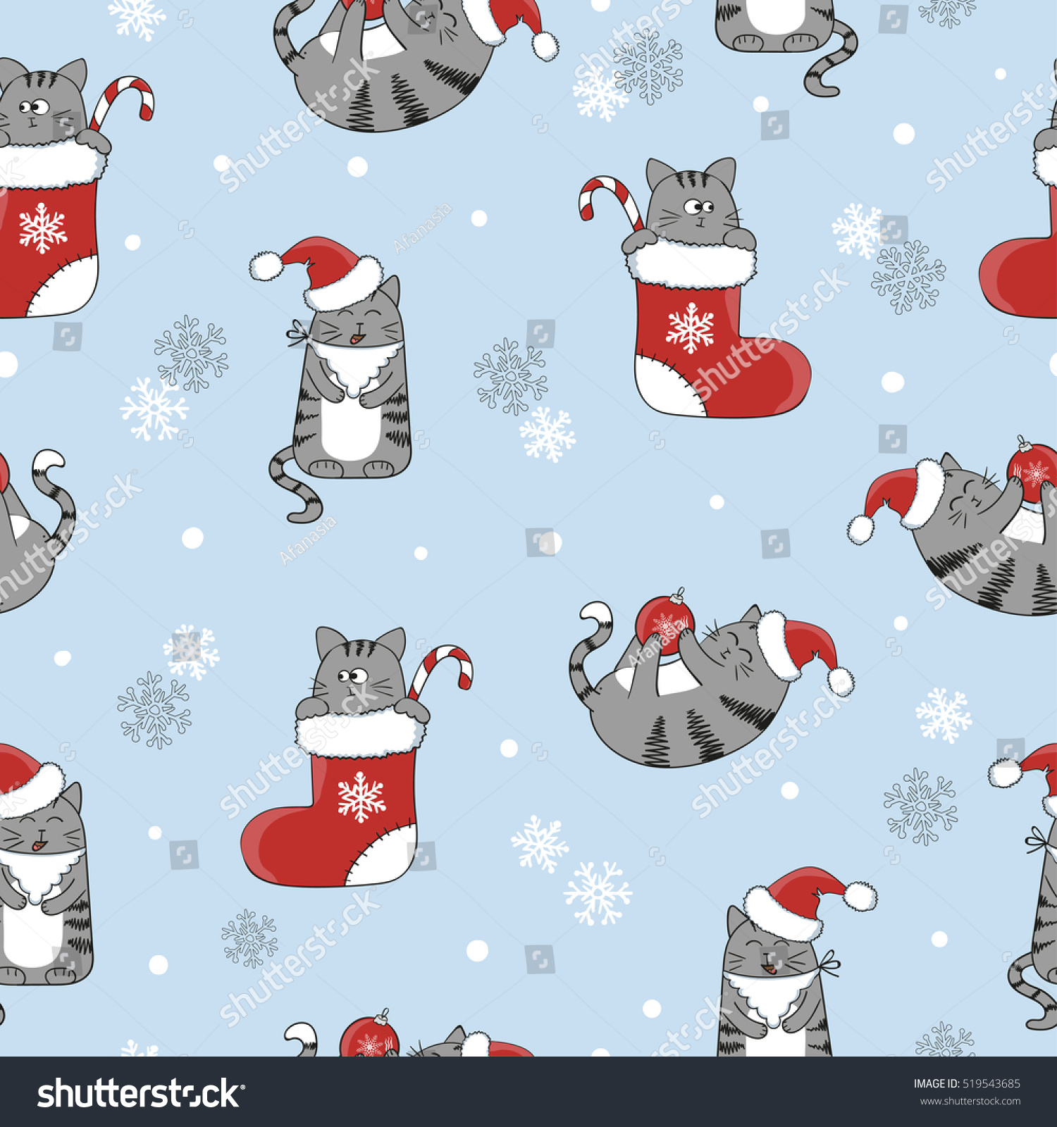 Christmas and New Year seamless pattern with cute cartoon cats Vector holiday winter background