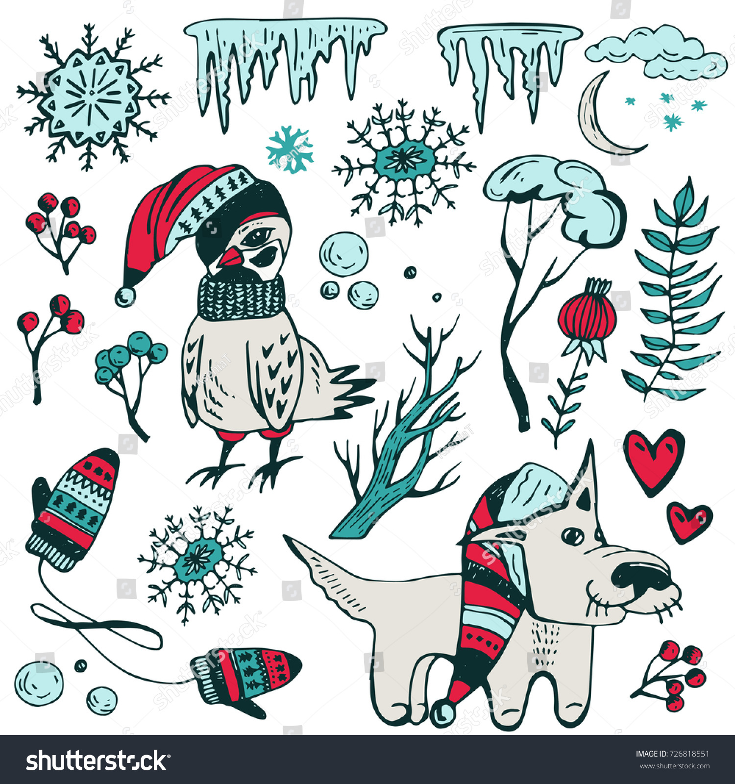 Christmas and New year theme Hand drawn vector collection of animals winter doodle elements