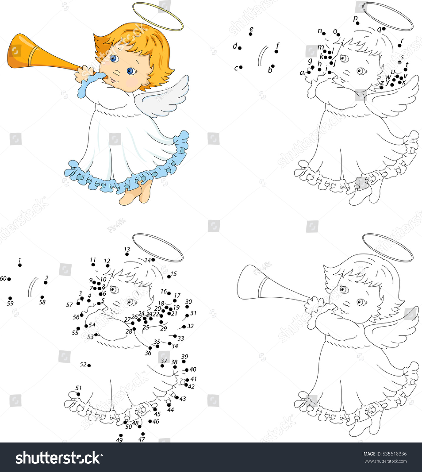 christmas angel with a trumpet coloring book and dot to dot educational game for kids