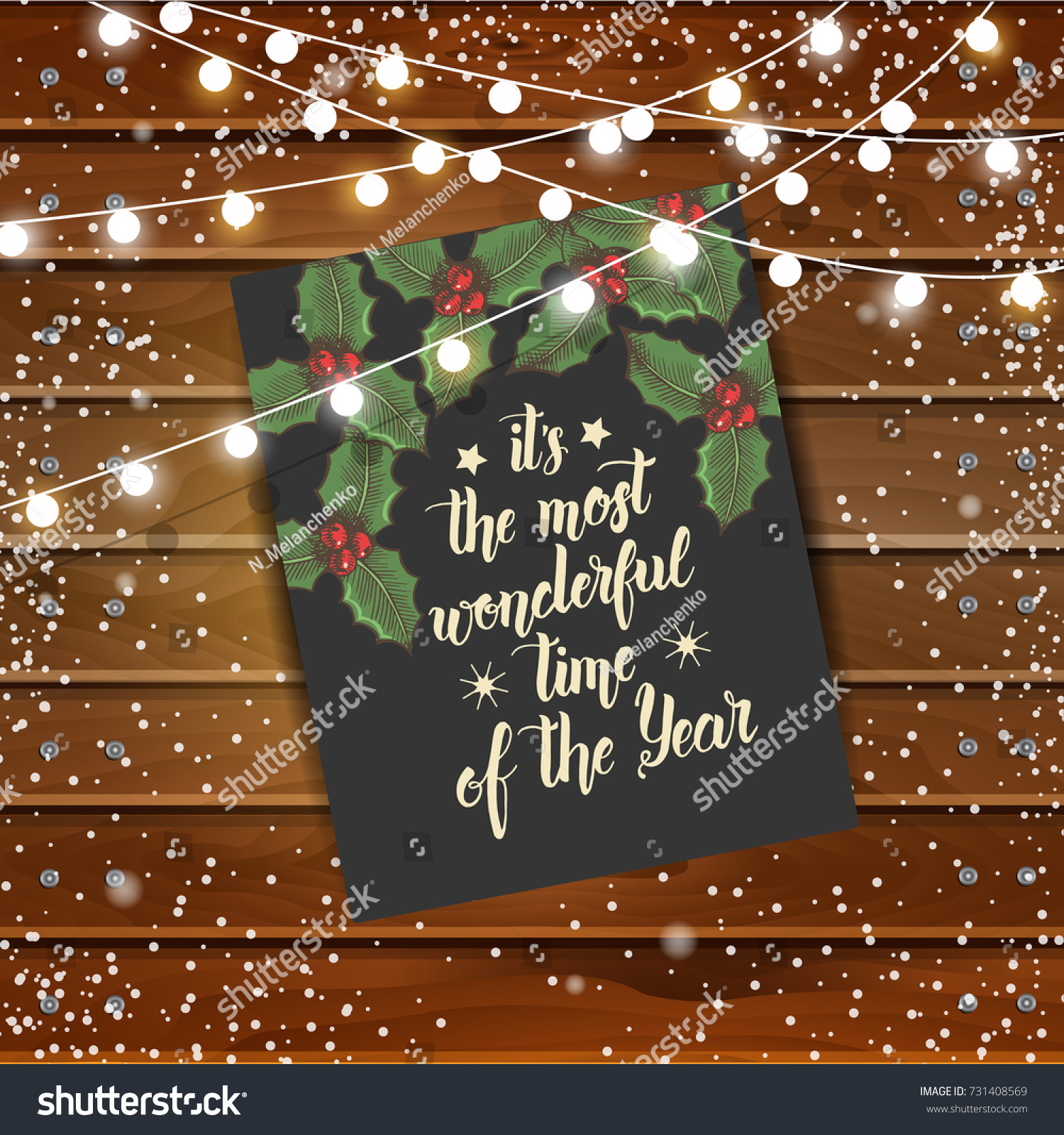 Stock Vector Christmas Background With Greeting Card And Garlands Wooden Board Hand Made Quote It S The Christmas Background Greeting Card