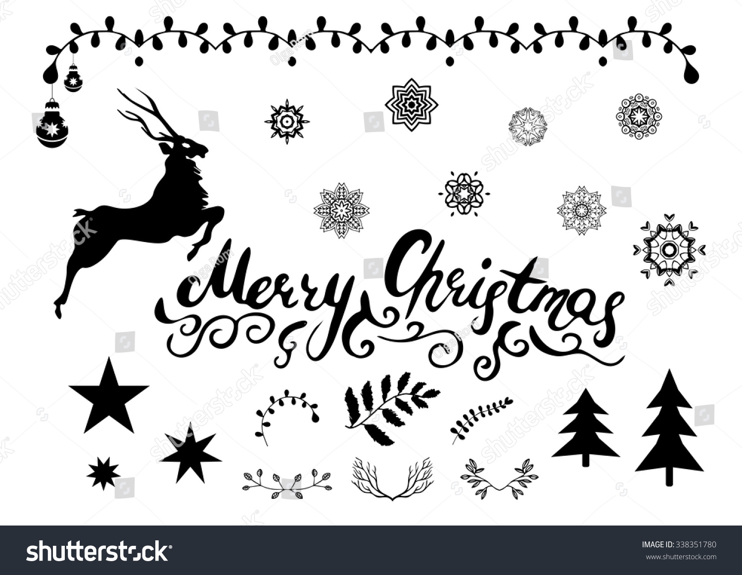 Christmas Black And White Design Elements Set. Stock Vector ...