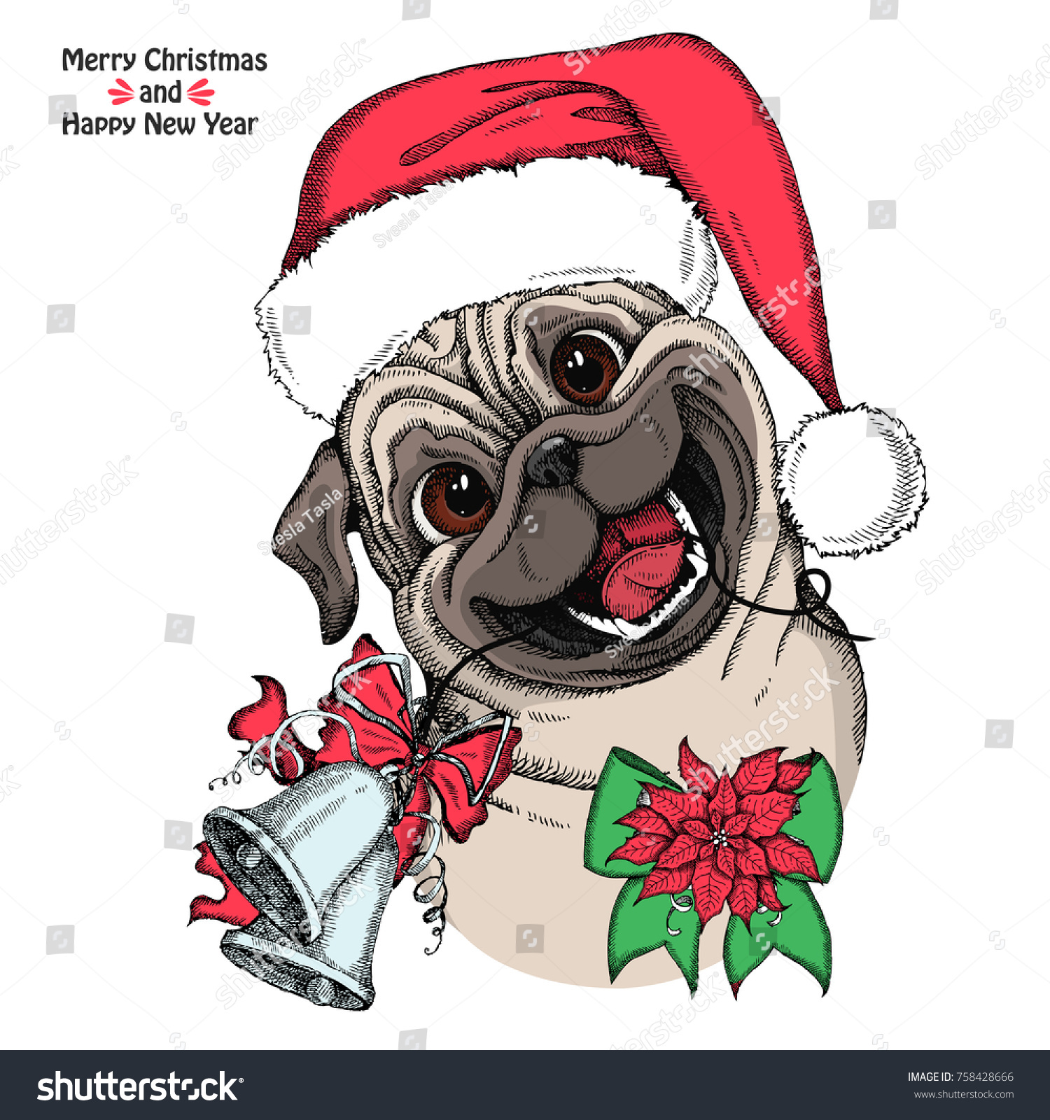 Christmas Card Cute Pug Red Santa Stock Vector 758428666