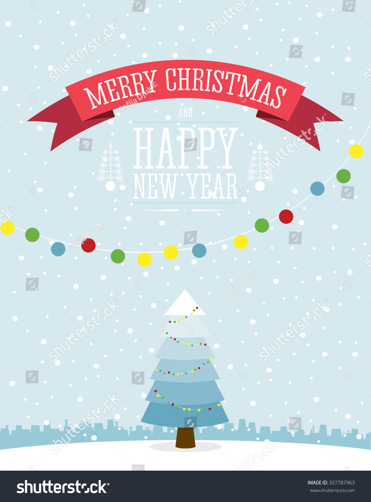 Christmas card design with Christmas decoration hanging around Christmas tree Cute tree standing alone on