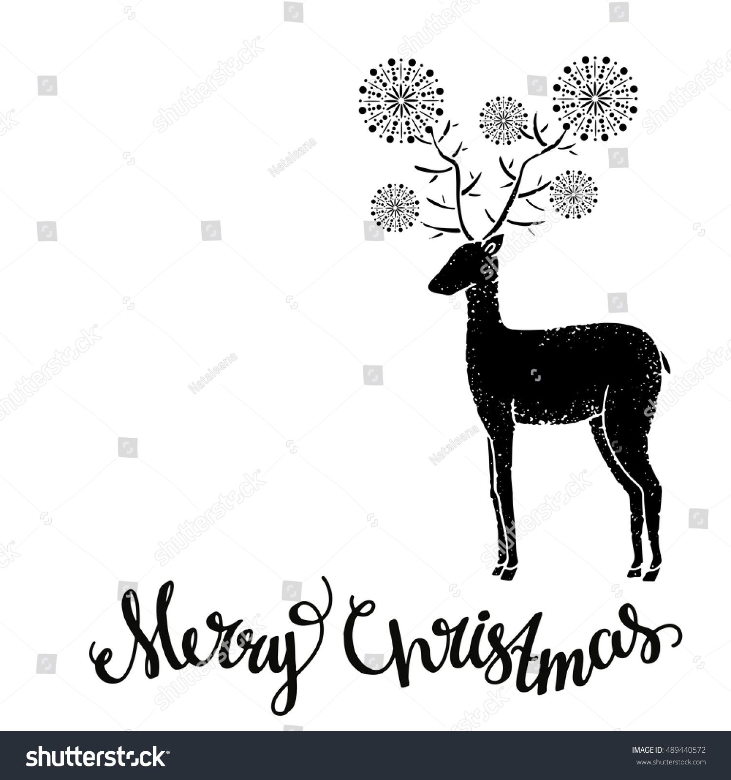 Christmas Card. Merry Christmas Handwritten Calligraphy Text. Reindeer ...