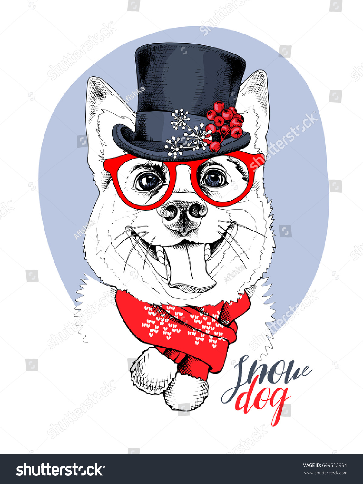 Christmas card Portrait of the Smiling dog in a Snowman top hat and in a