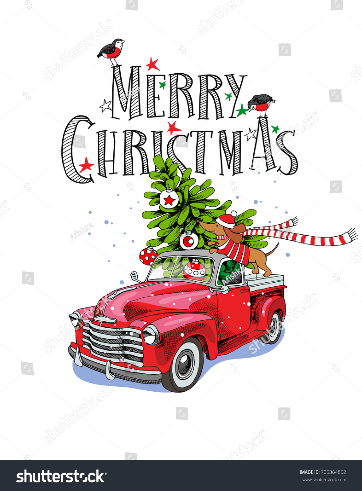Christmas Card Red Retro Truck Fir Stock Vector Royalty Free 705364852