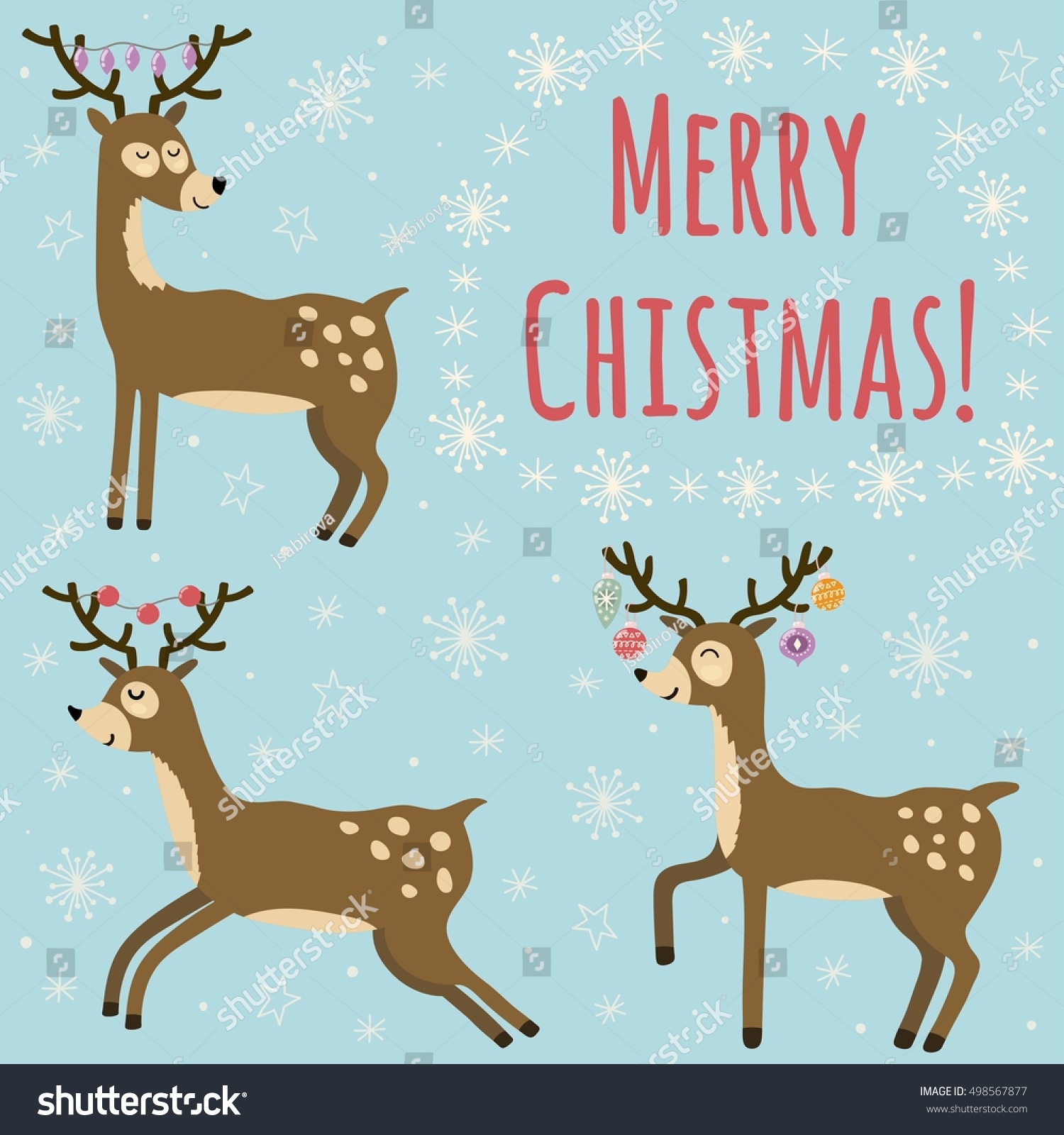 Christmas Card With Cute Deers. Vector Illustration - 498567877 ...