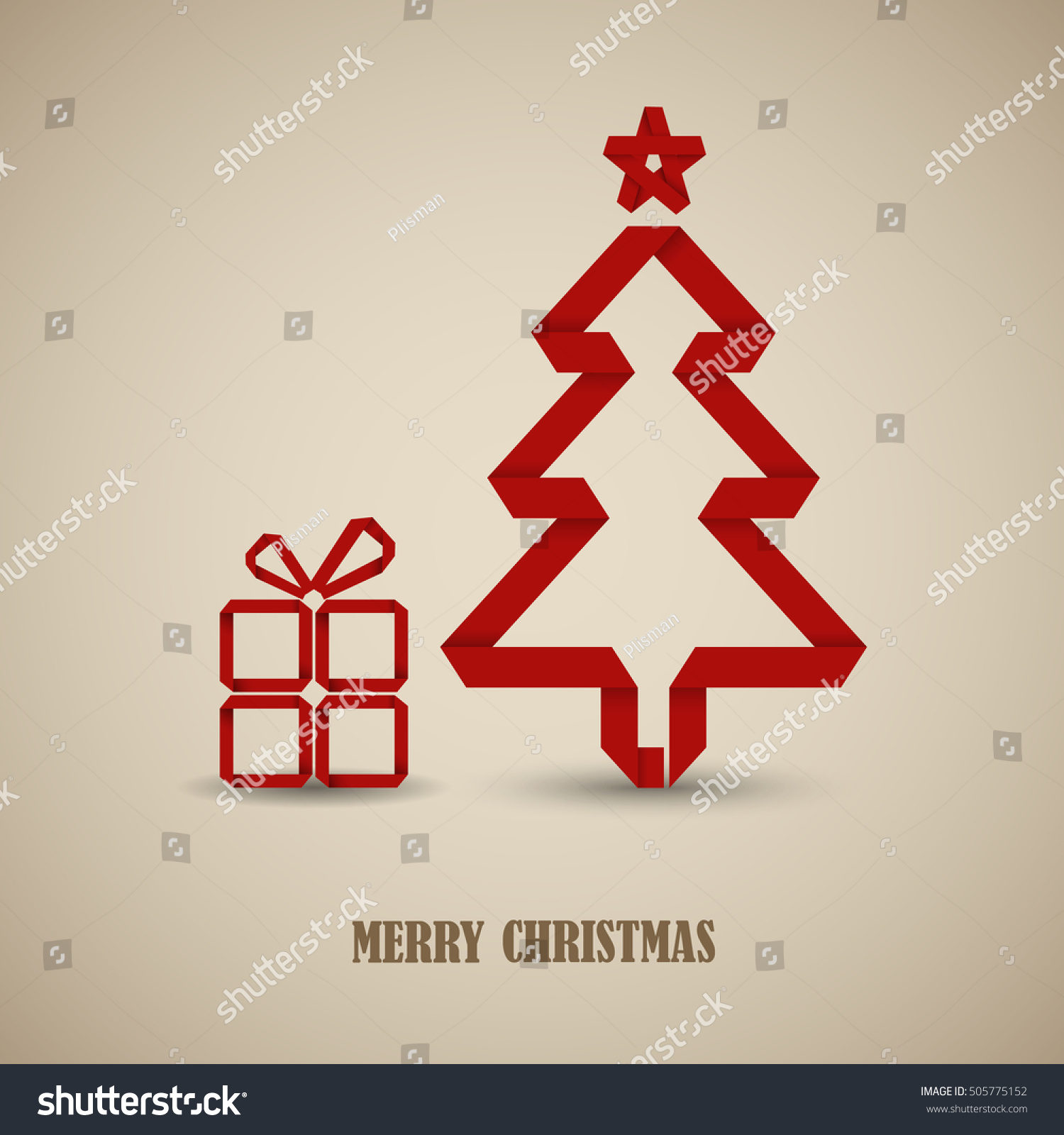Christmas card with folded red paper tree template