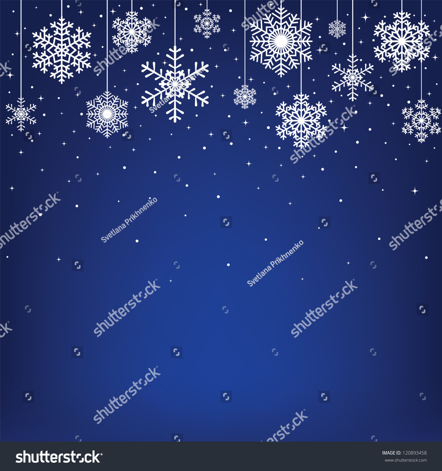 Christmas card with hanging snowflakes on dark blue background
