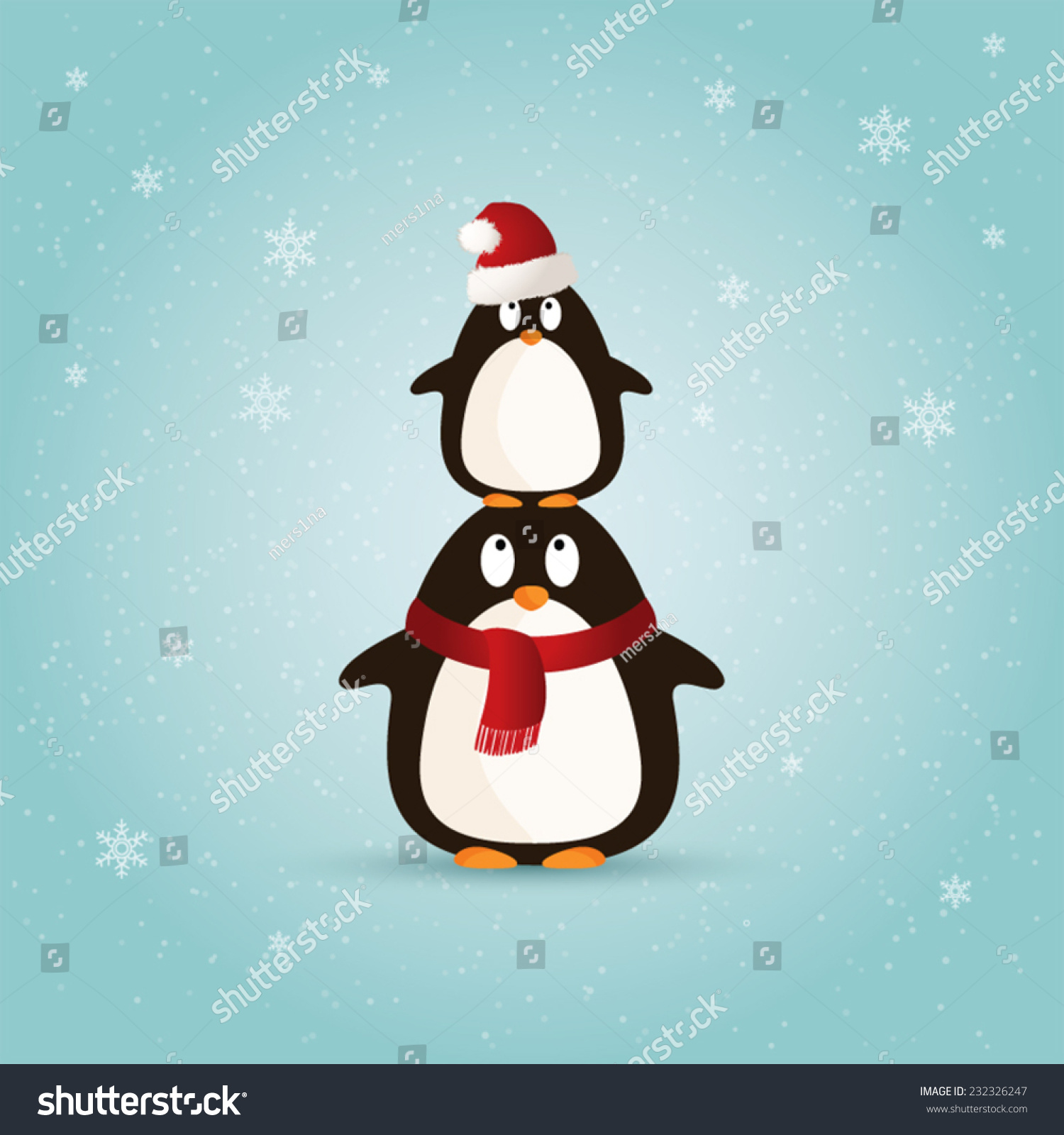 stock vector christmas card with two penguins