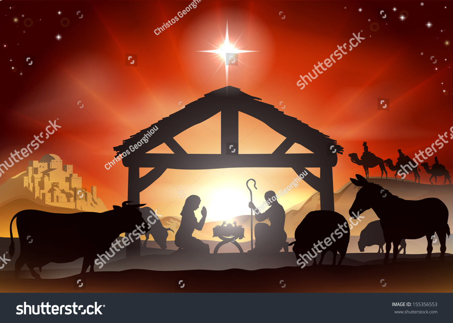 Christmas Christian Nativity Scene With Baby Jesus In The Manger In ...