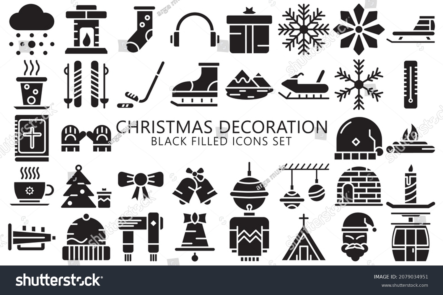 SVG of Christmas decoration black filled icons set. Winter holiday collection, snow, gloves, sled, bible and others. symbols for mobile apps, UI, UX kit and applications, EPS 10 ready convert to SVG svg
